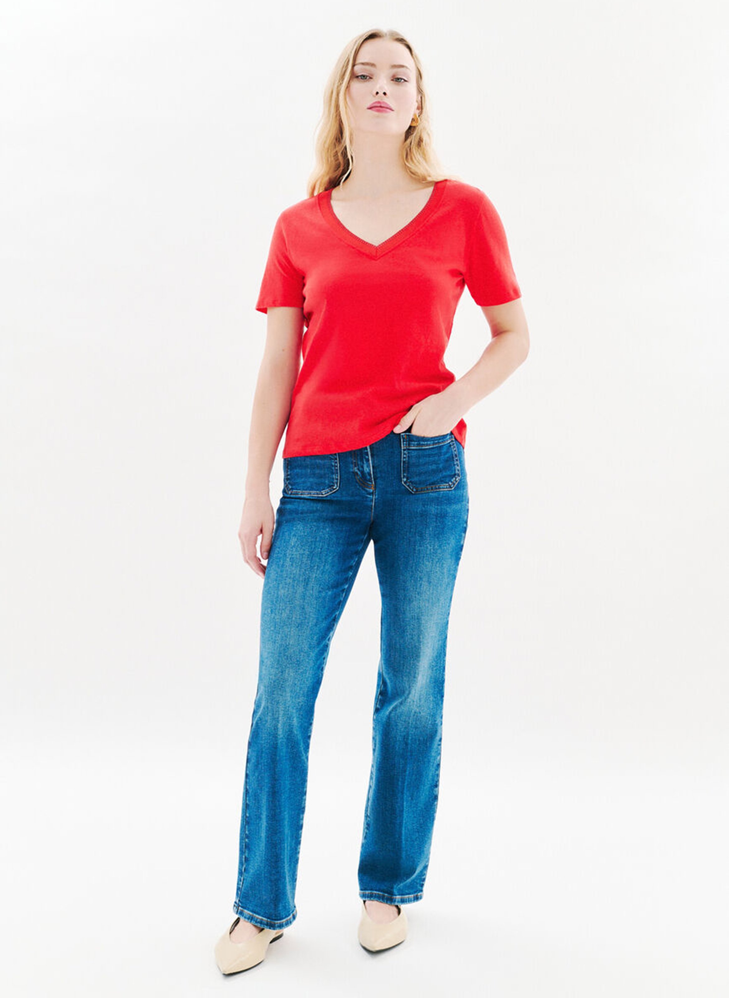 Recht T-shirt met V-hals | katoenblend CAROLL Rood