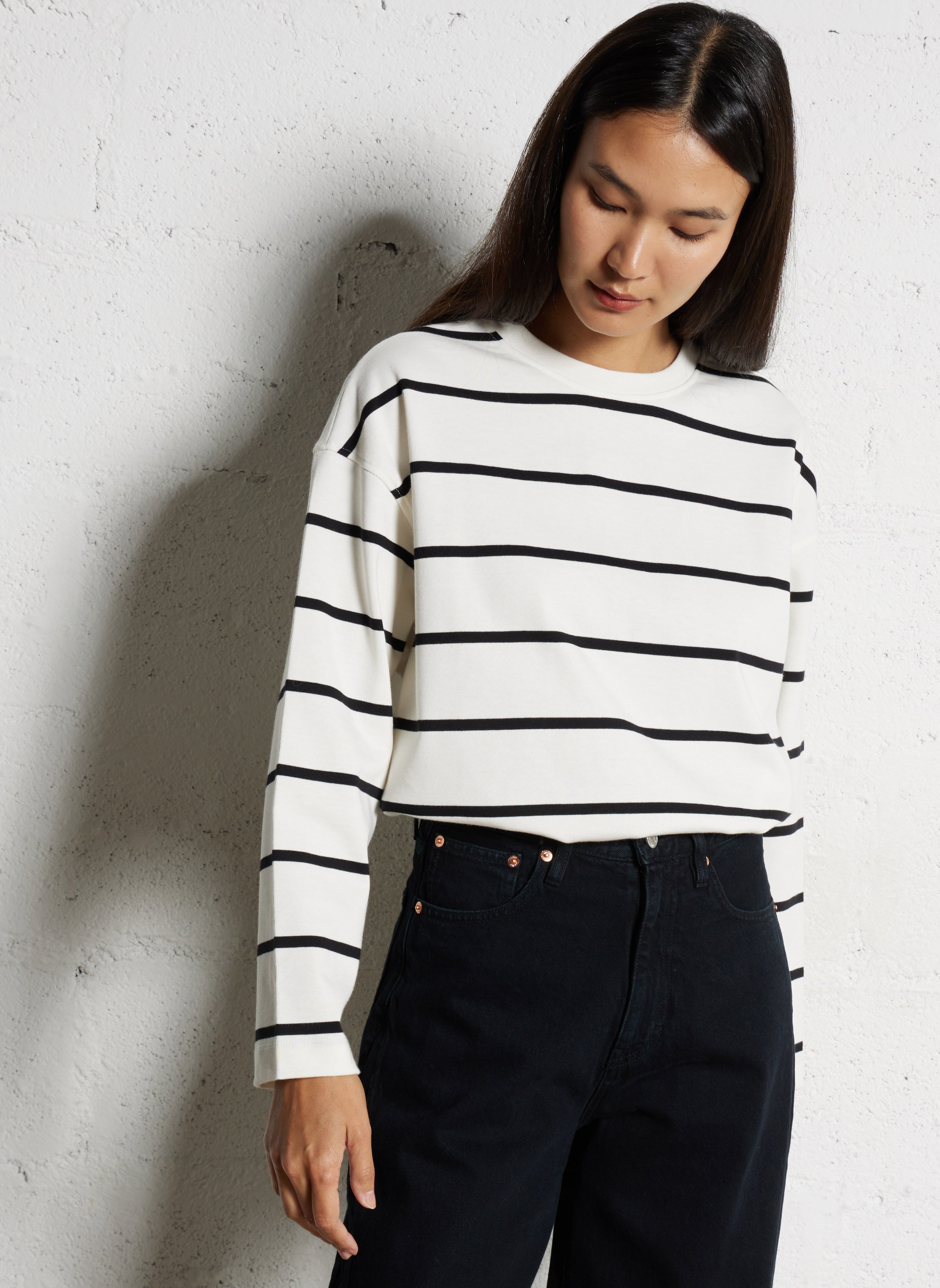 Round-neck striped cotton top DES PETITS HAUTS Beige