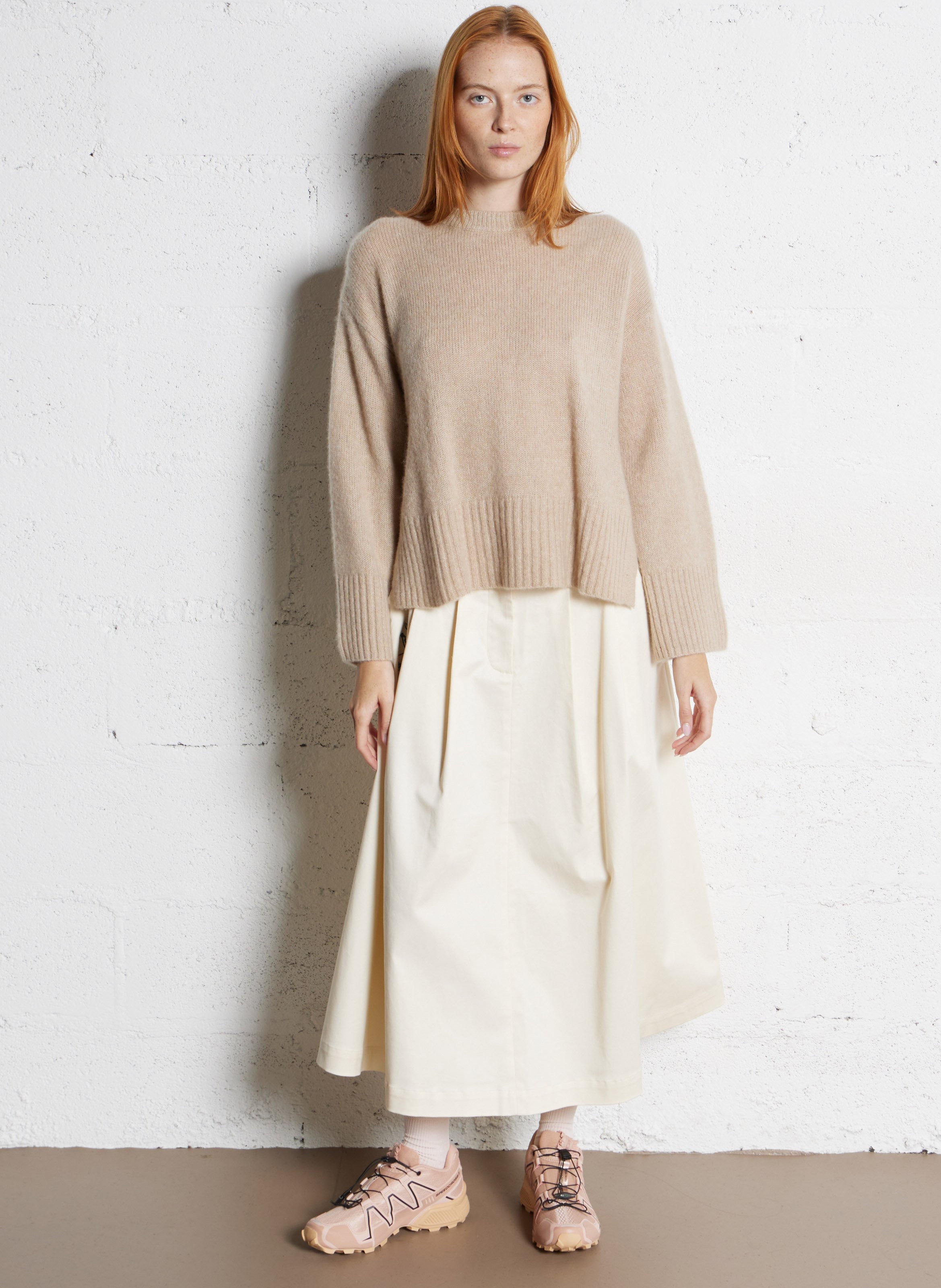 Cotton-blend midi skirt White