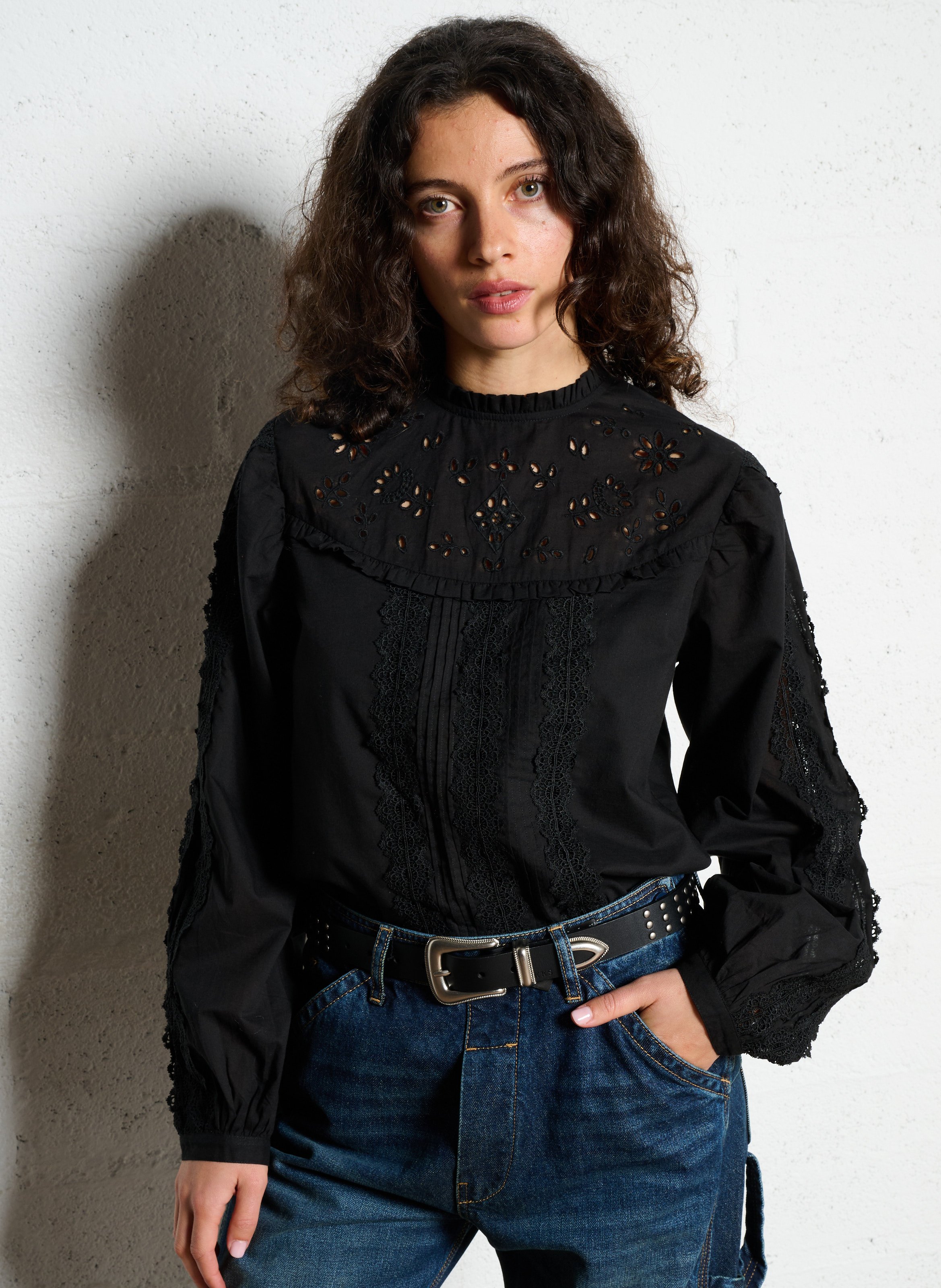 Blouse droite à broderie dentelle en coton THE NEW SOCIETY Noir