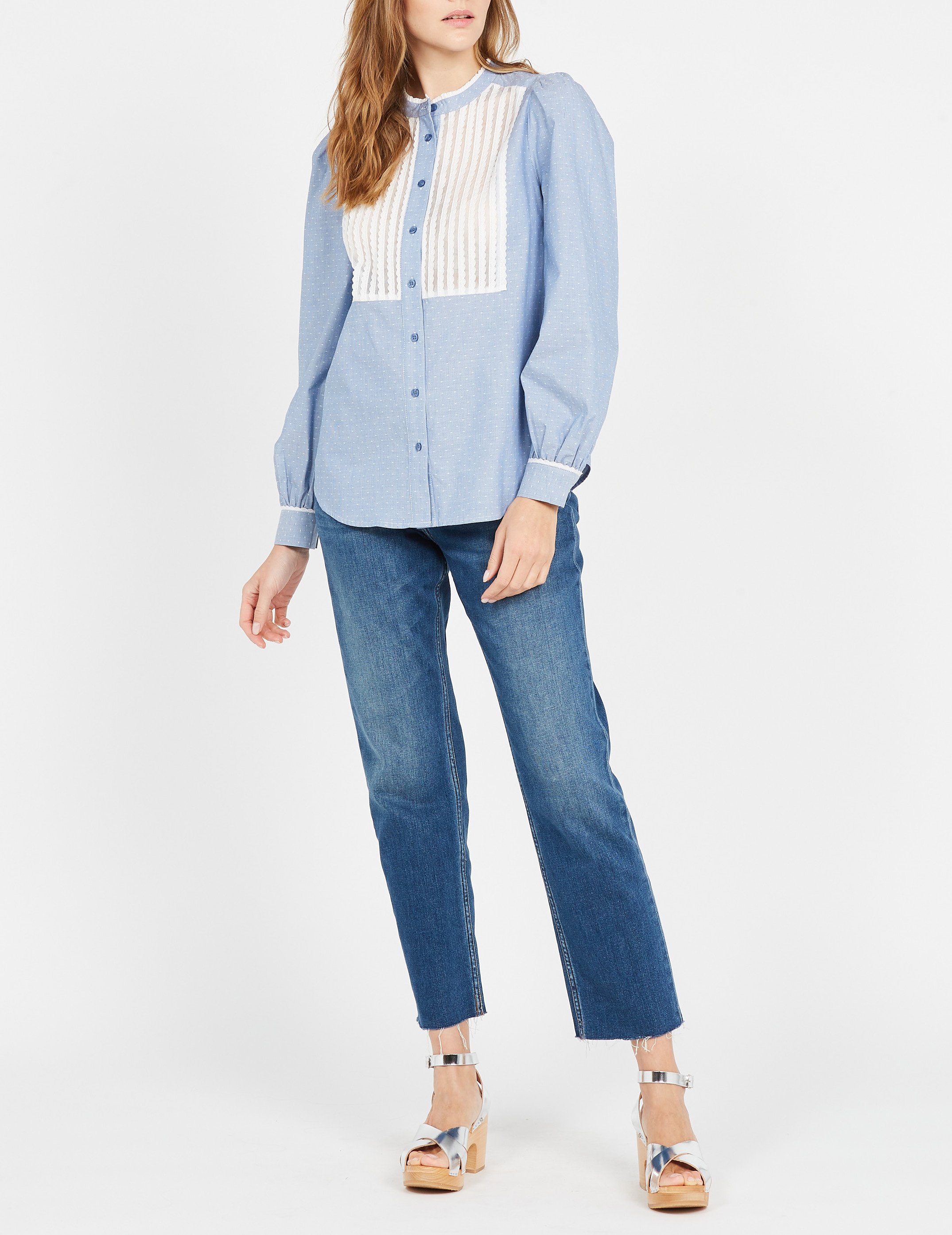 Cotton jacquard shirt with mandarin collar TWINSET Blue