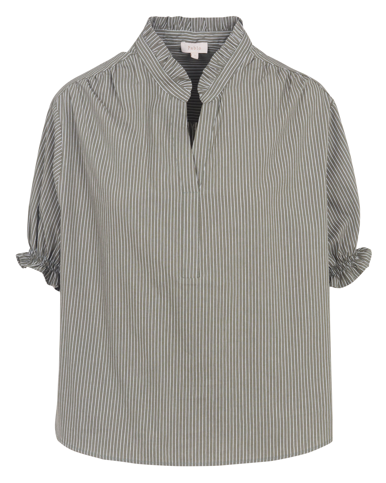 Blouse with high collar and ruffled details in blended cotton PABLO Khaki