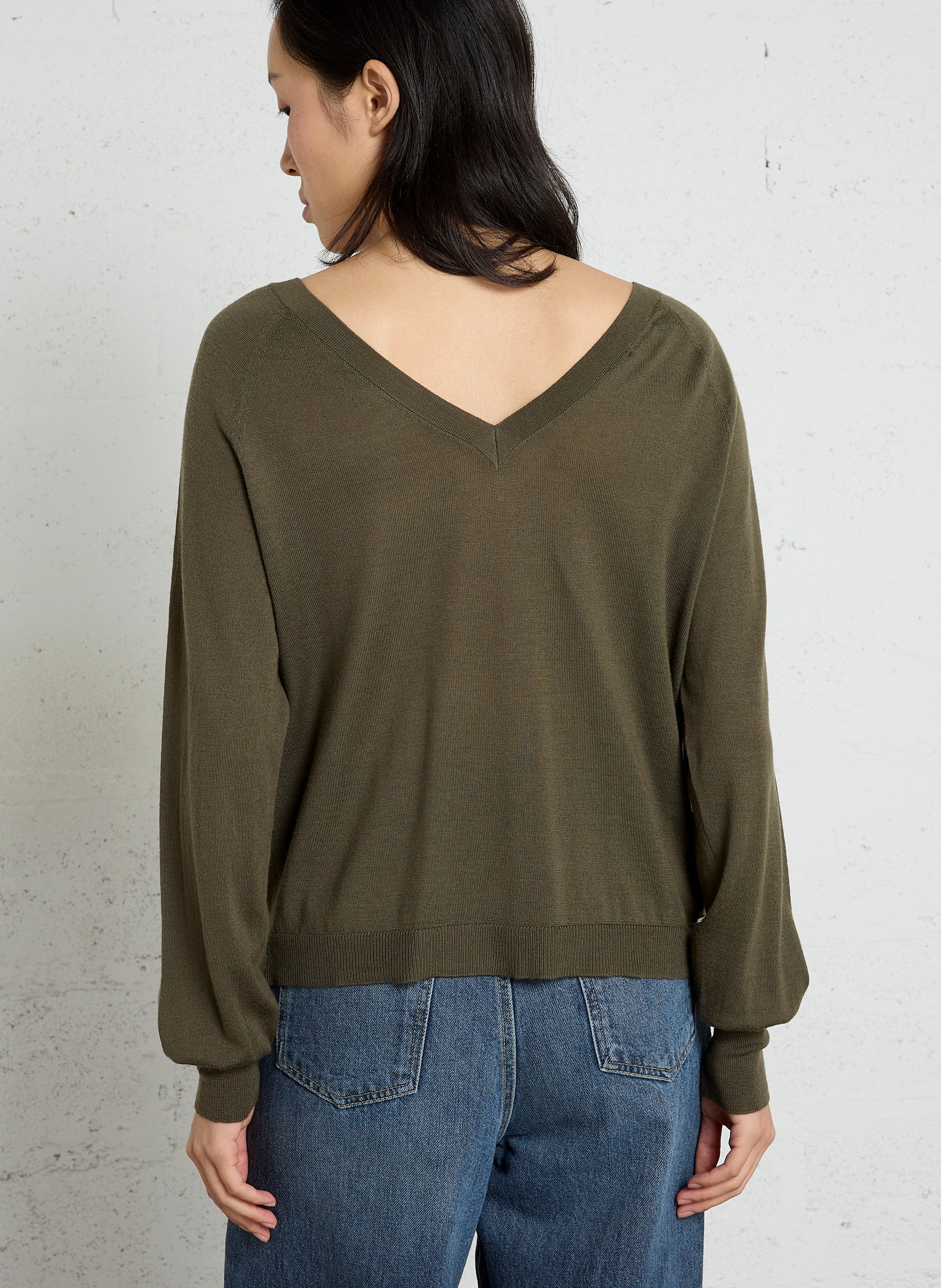 Pull droit col V en laine IKKS Kaki