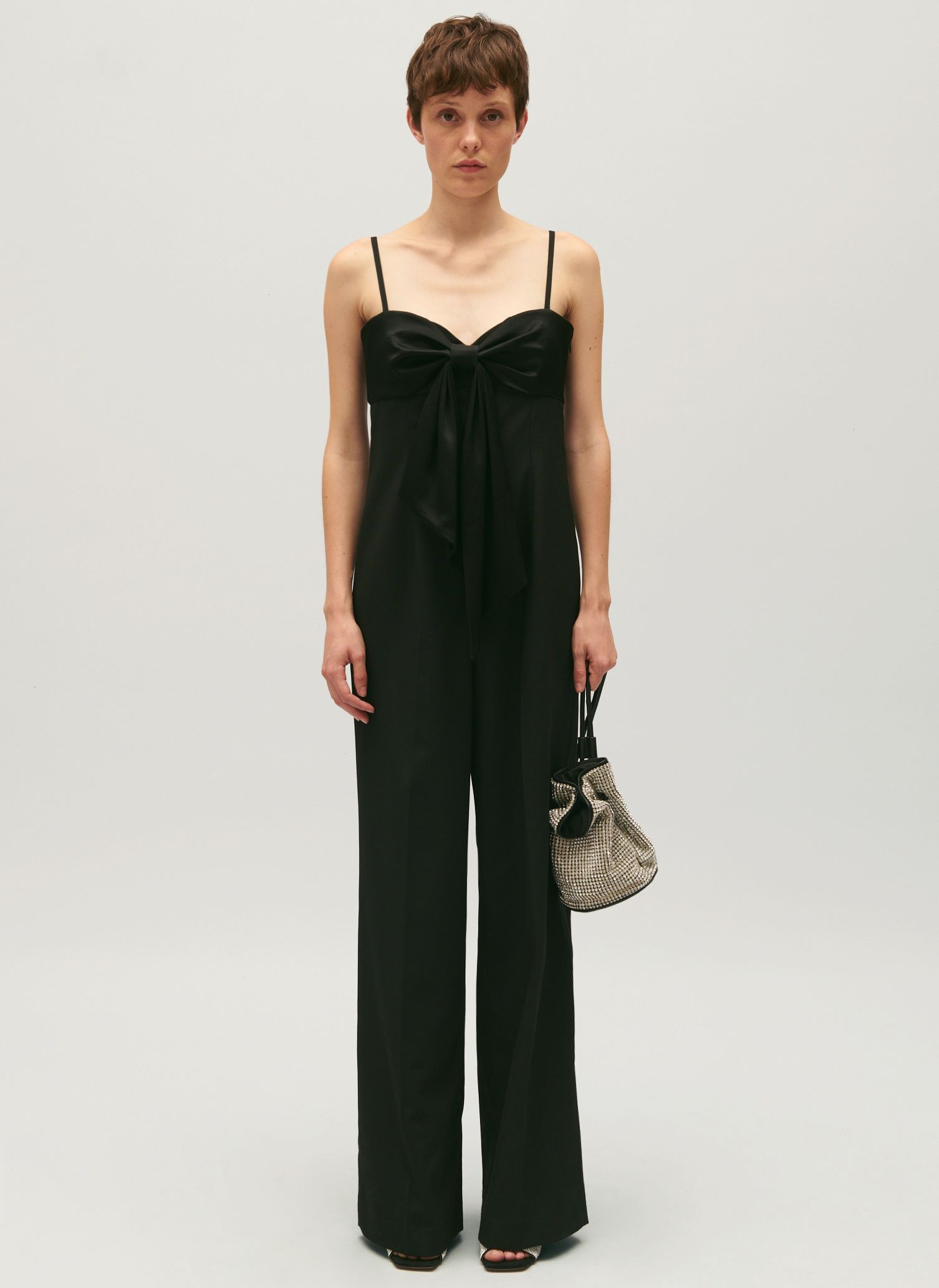 Black Straight satin finish jumpsuit with bow