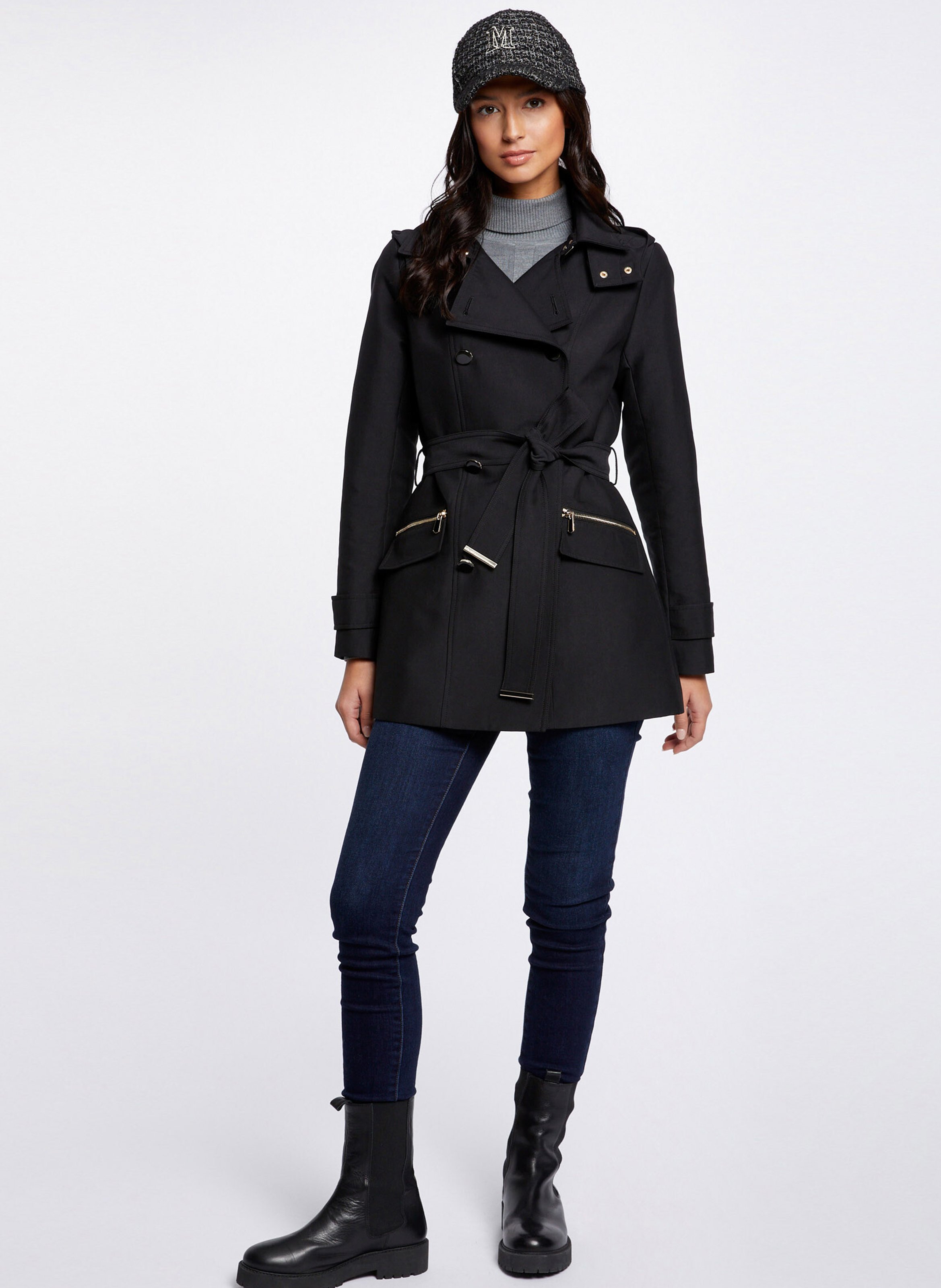 Getailleerde trenchcoat met reverskraag en capuchon MORGAN Zwart