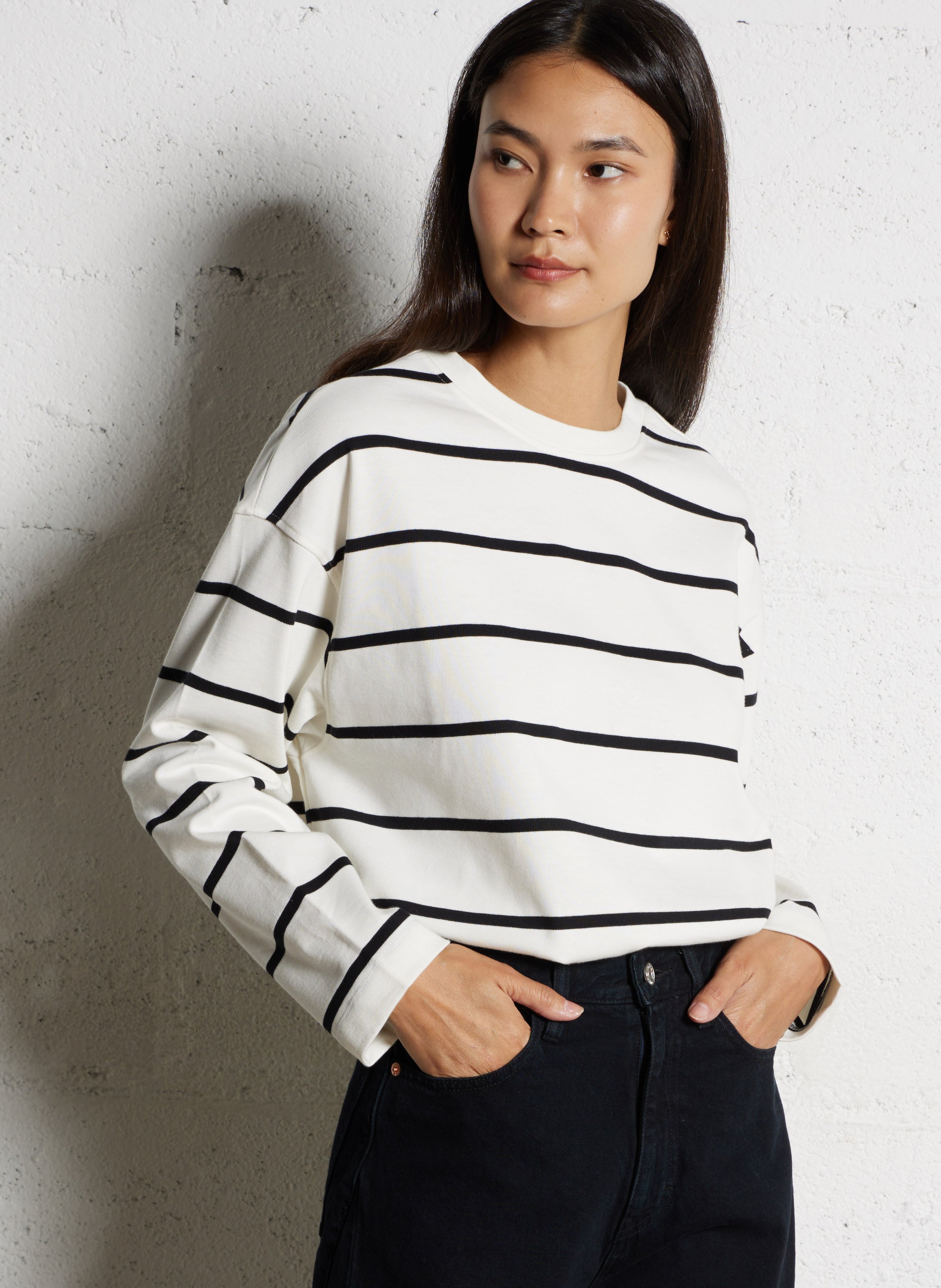 Round-neck striped cotton top DES PETITS HAUTS Beige