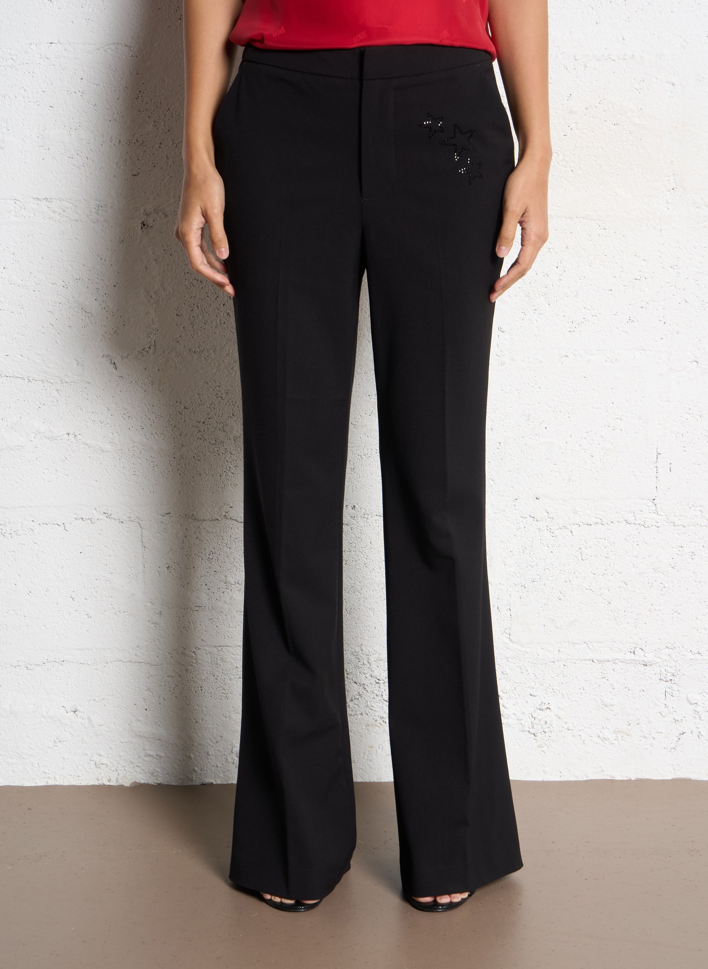 Solid flare pants with star rhinestones BERENICE Black