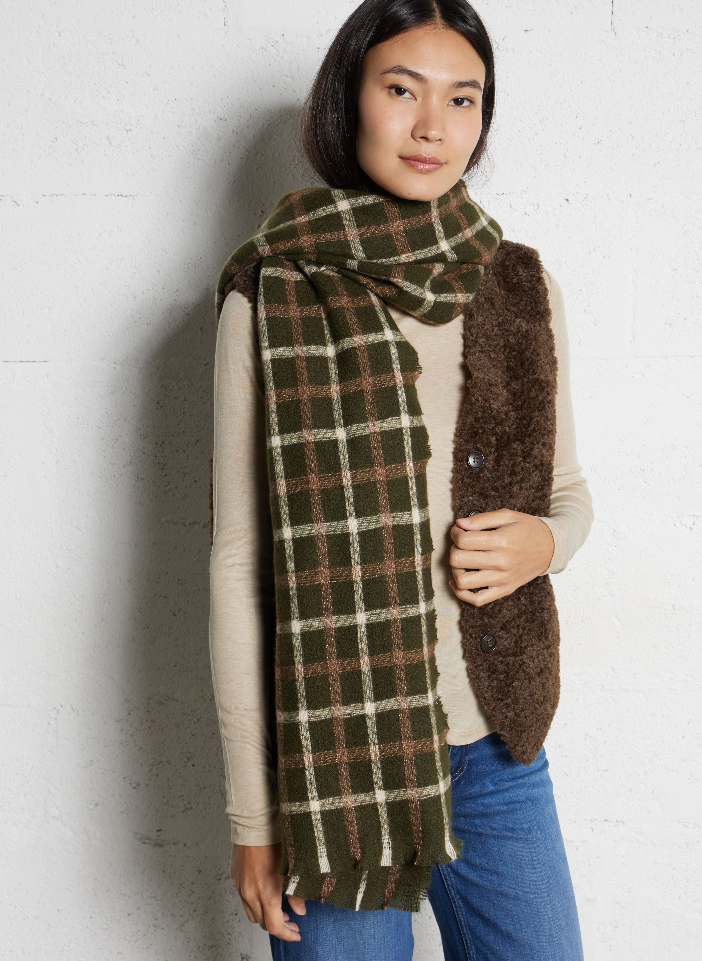 Checked knit scarf MAISON 123 Khaki