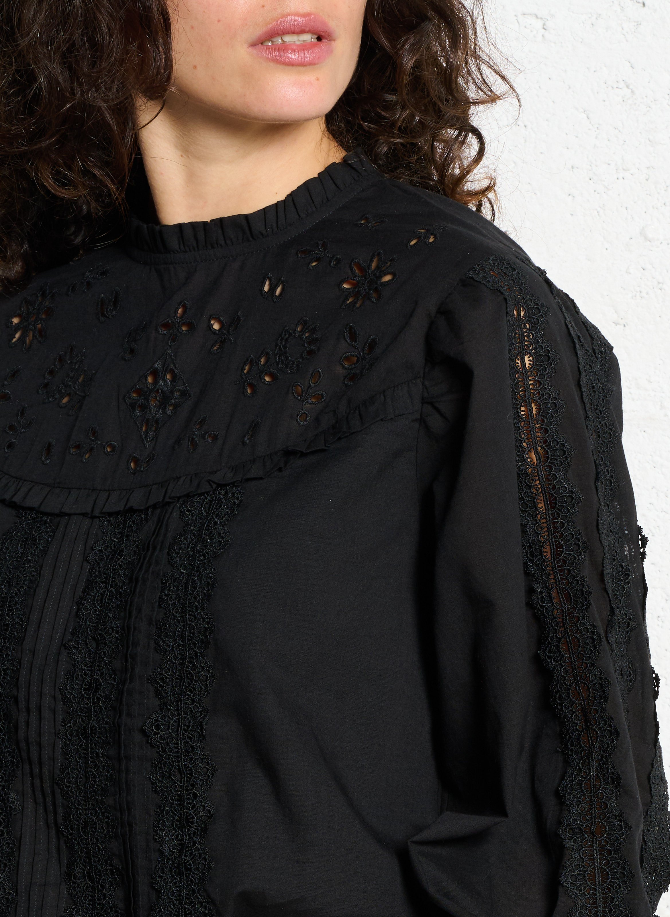 Blouse droite à broderie dentelle en coton THE NEW SOCIETY Noir