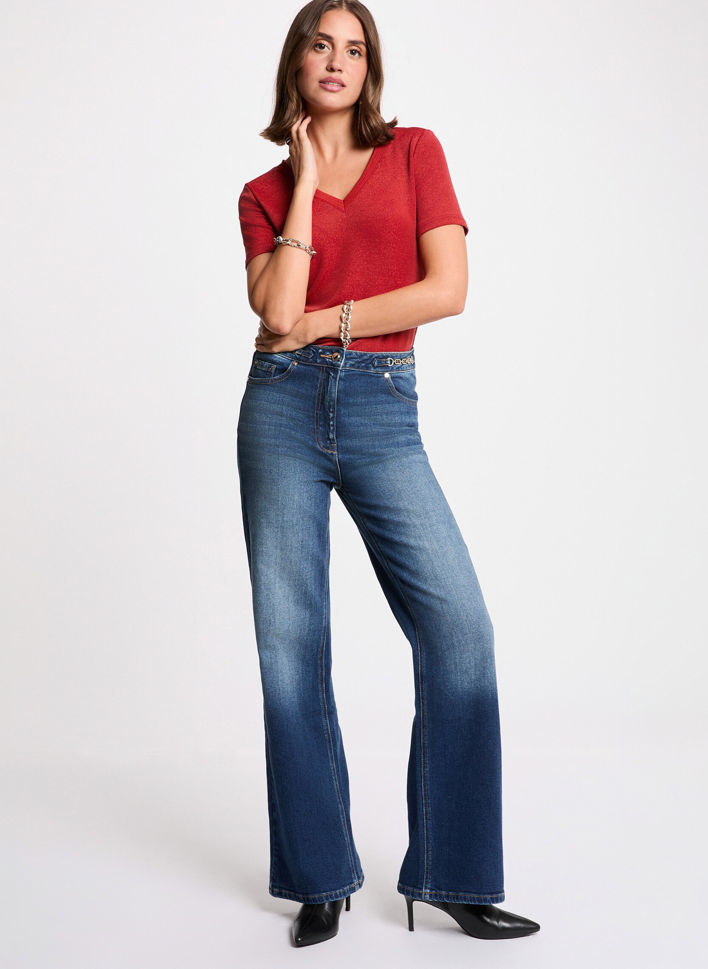 Glanzend T-shirt met V-hals Oranje