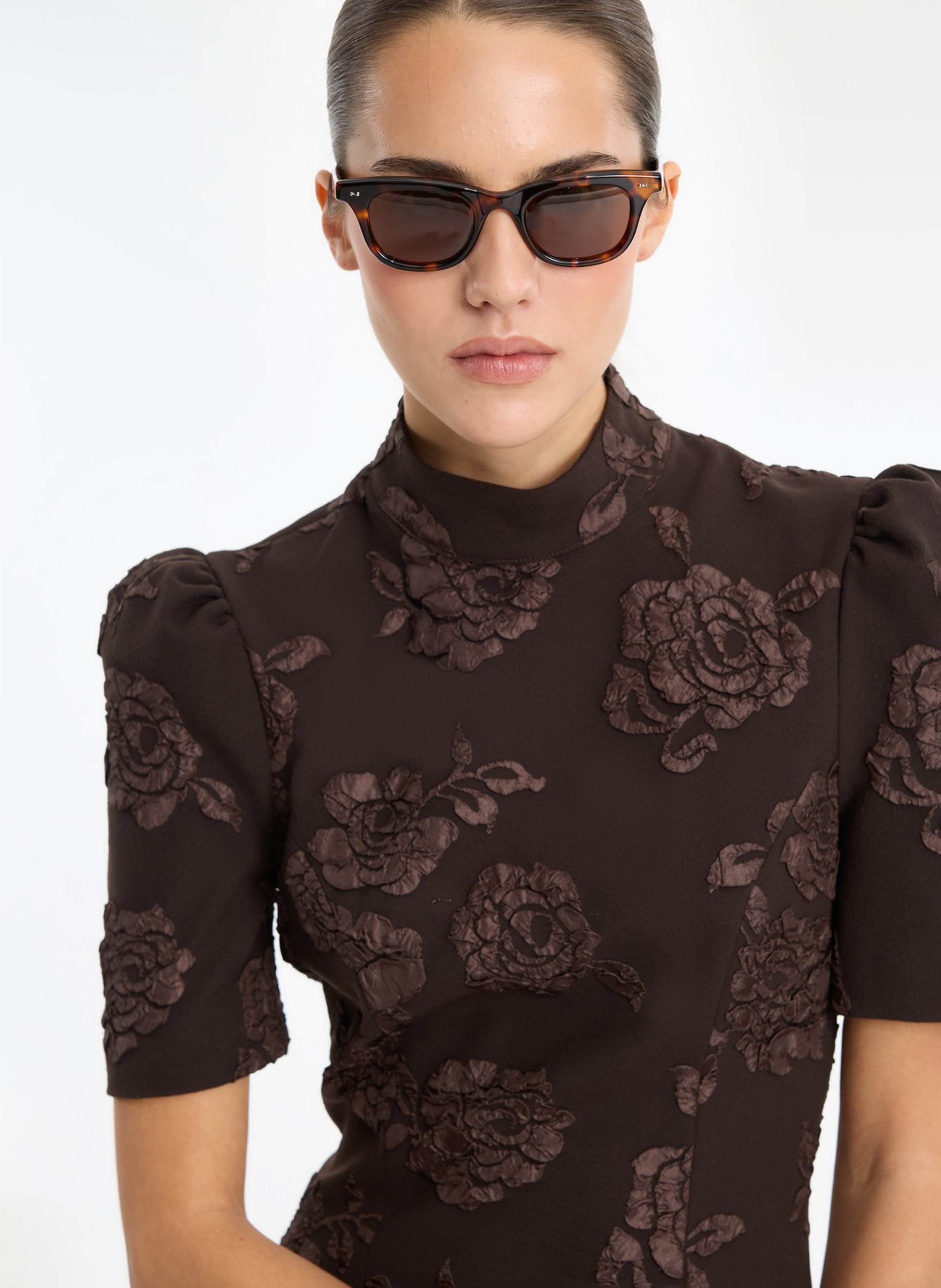Robe midi à fleurs ton sur ton ROTATE Marron