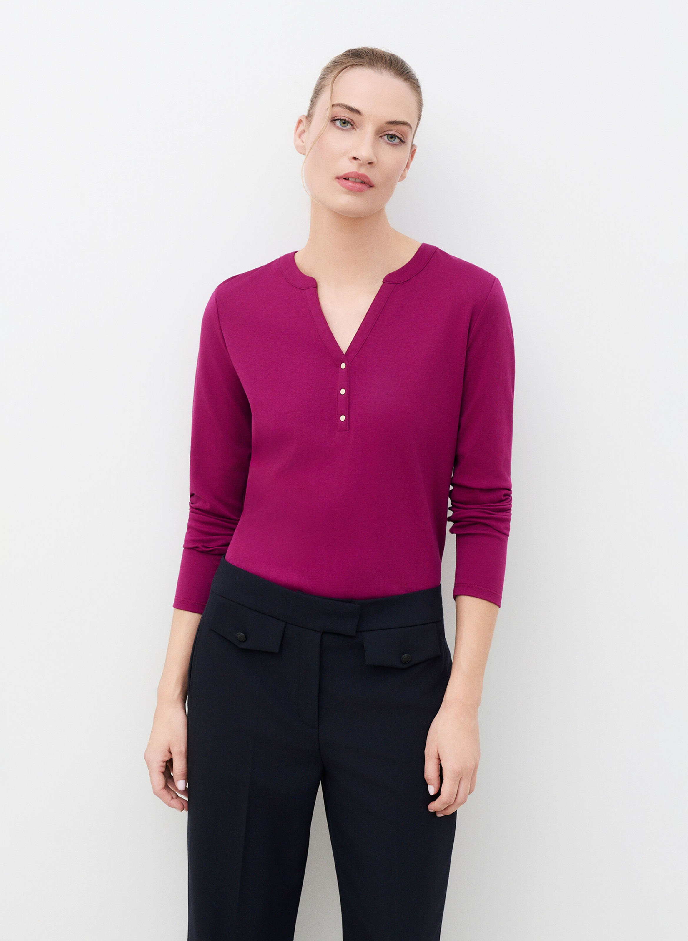 T-shirt met rechte tuniek kraag in effen kleur CAROLL Violet