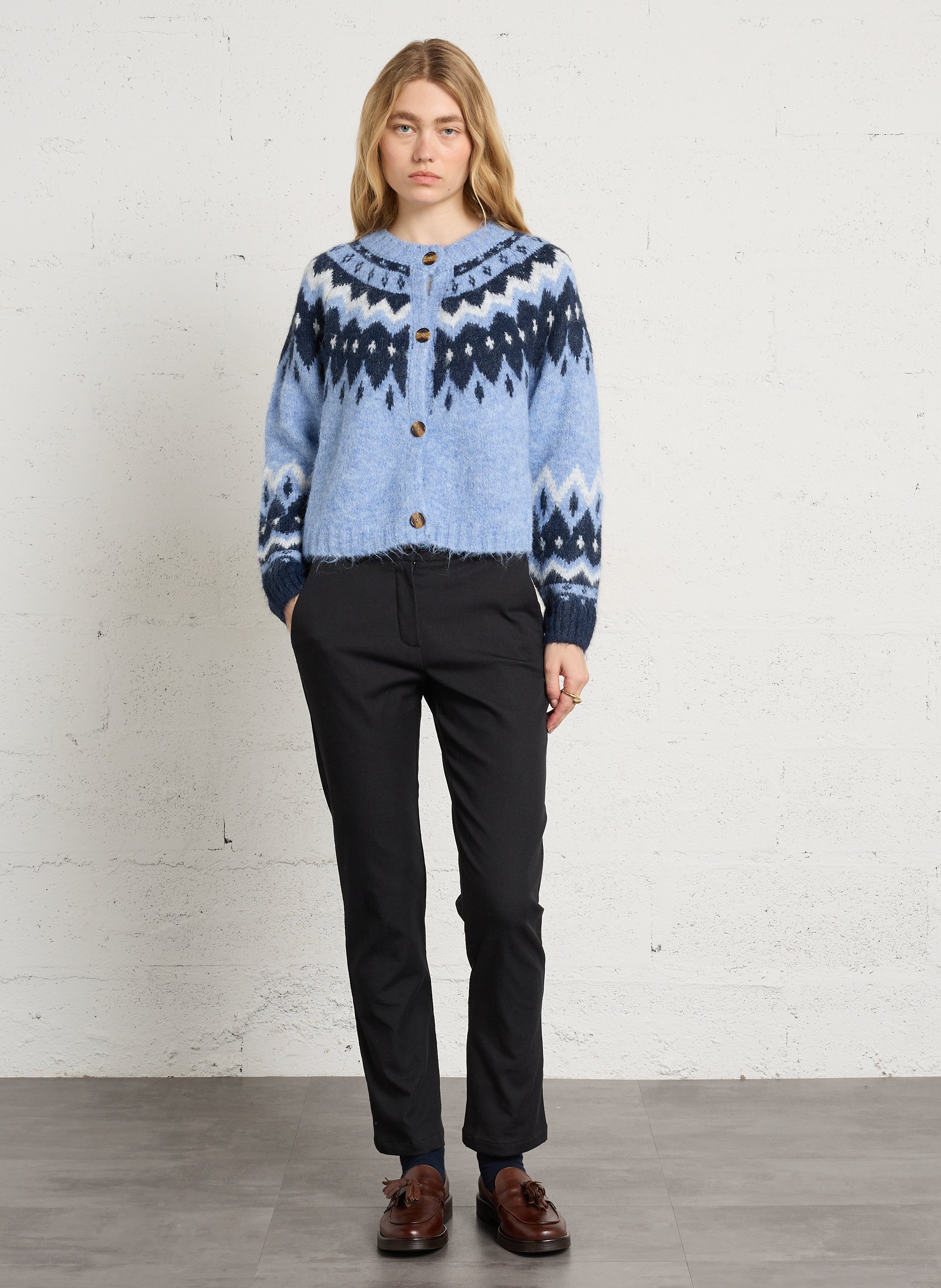 Weiter Cardigan mit Rundhalsausschnitt und Print THE KORNER Blau