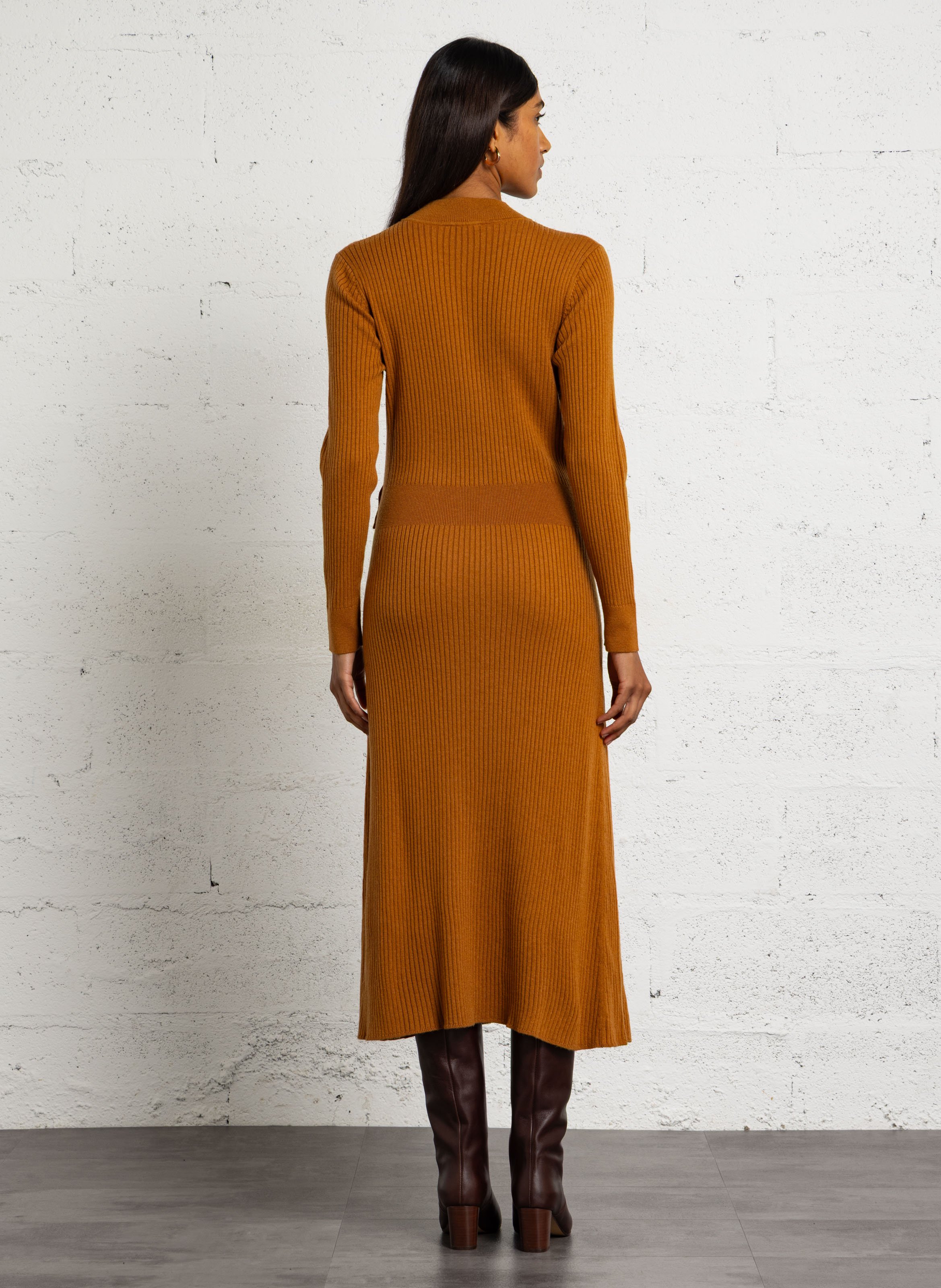 Long flared ribbed knit dress MAISON 123 Golden
