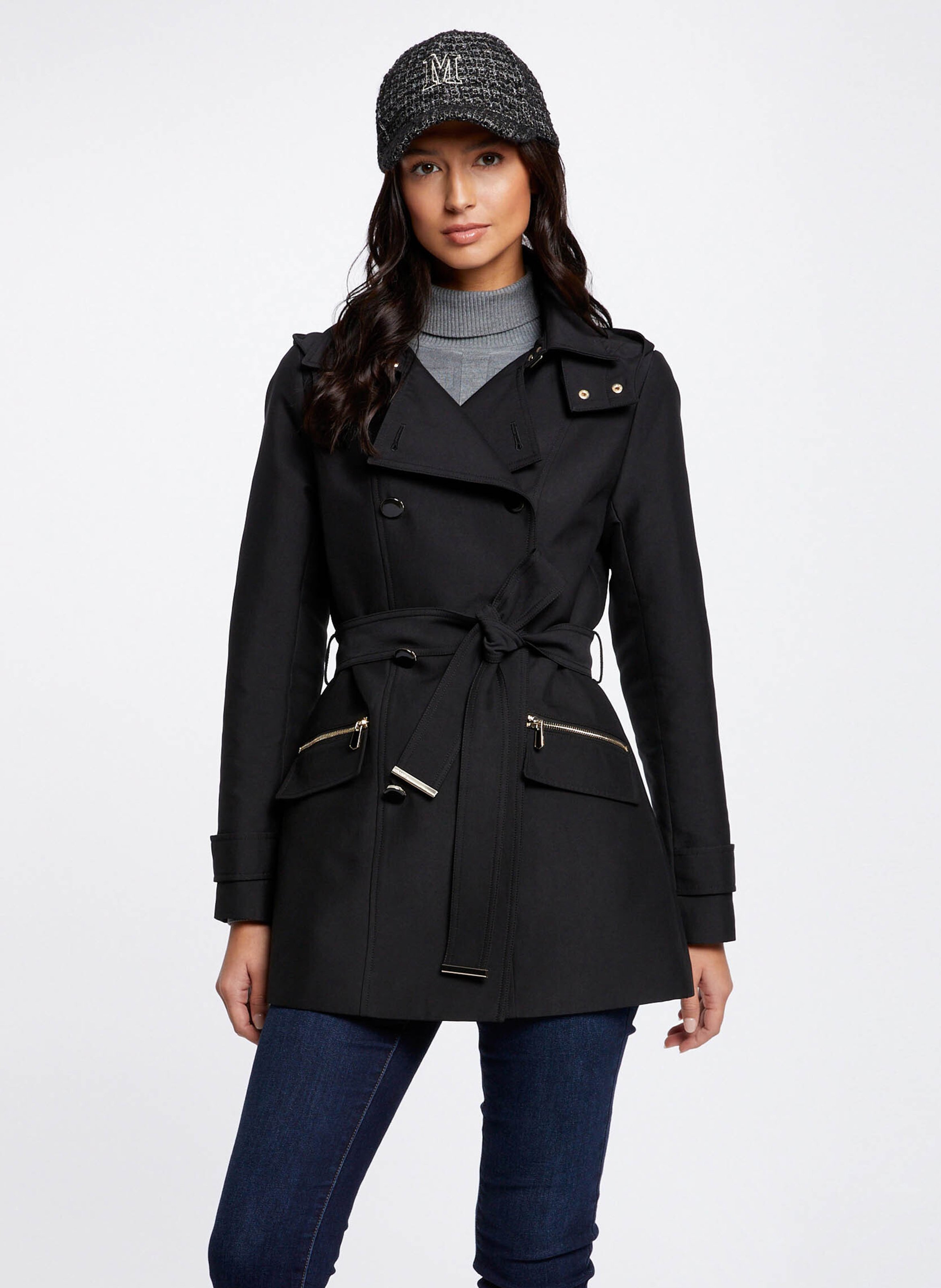 Getailleerde trenchcoat met reverskraag en capuchon MORGAN Zwart