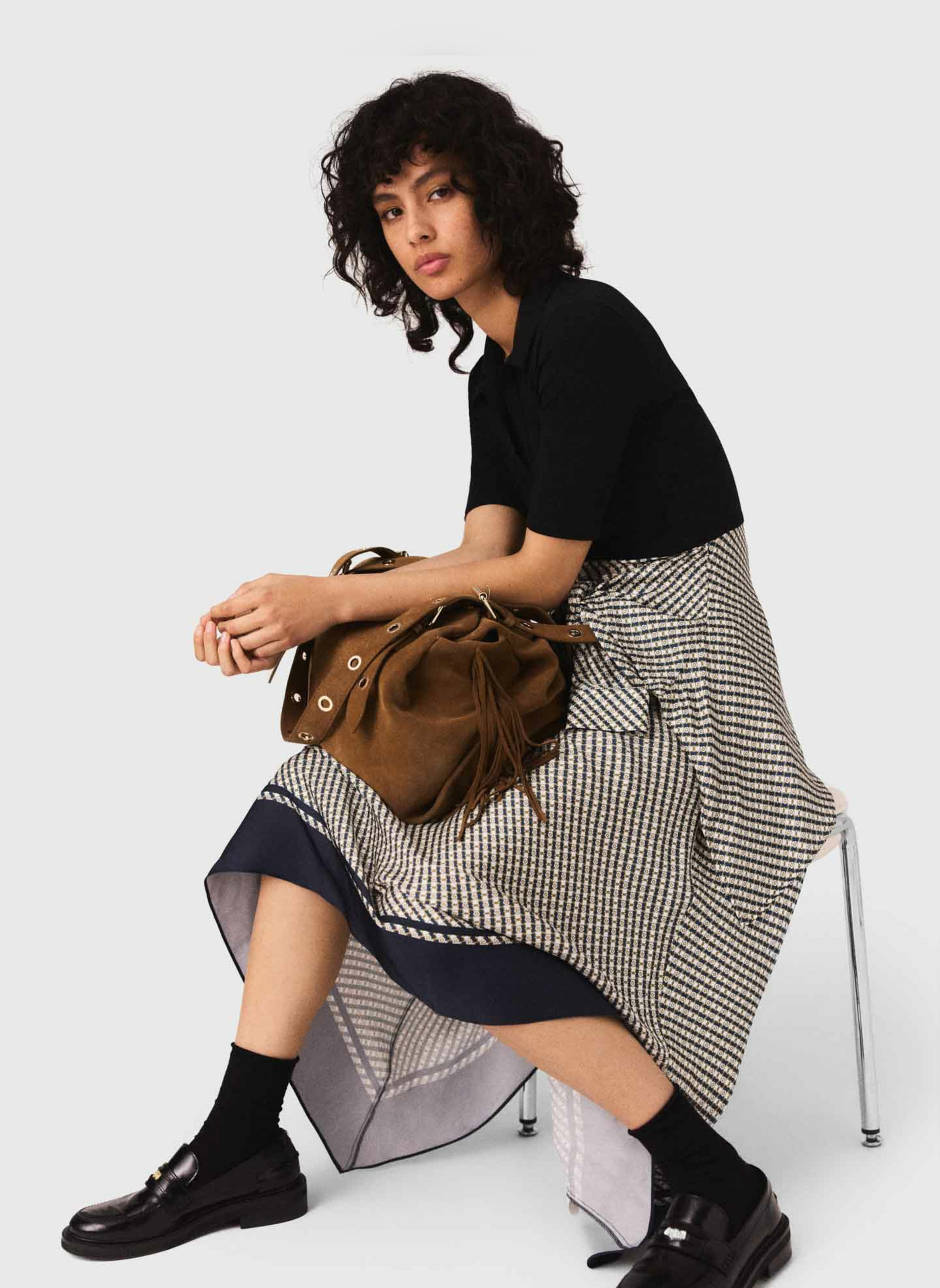 Robe midi bi-matière imprimée MAJE Beige