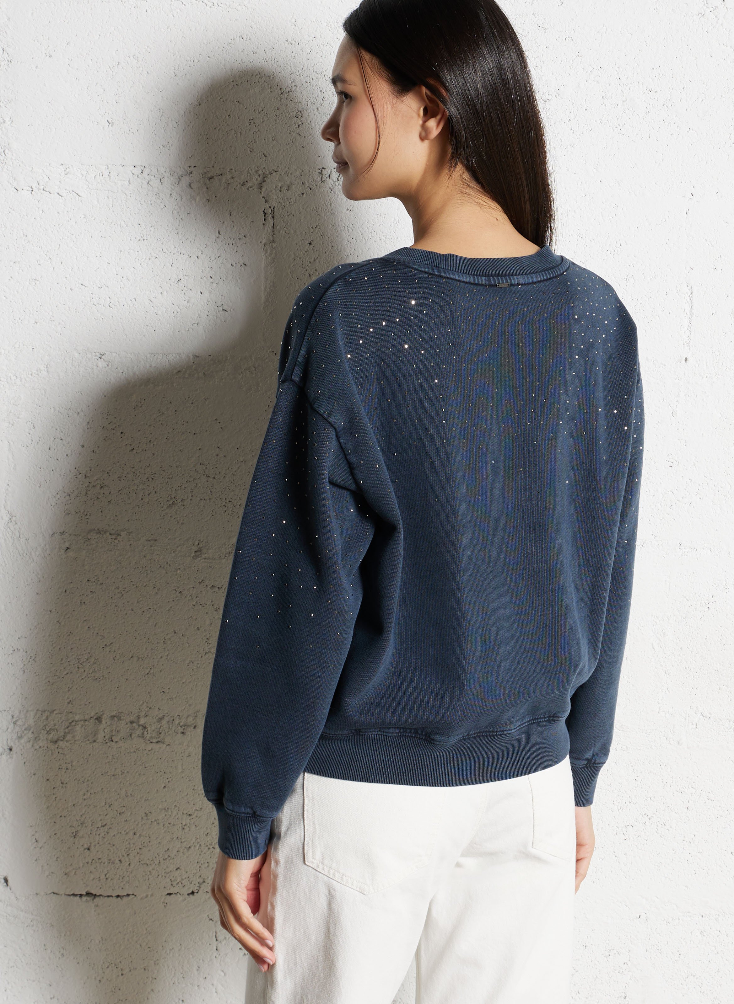 Sweat oversize col V en coton IKKS Bleu