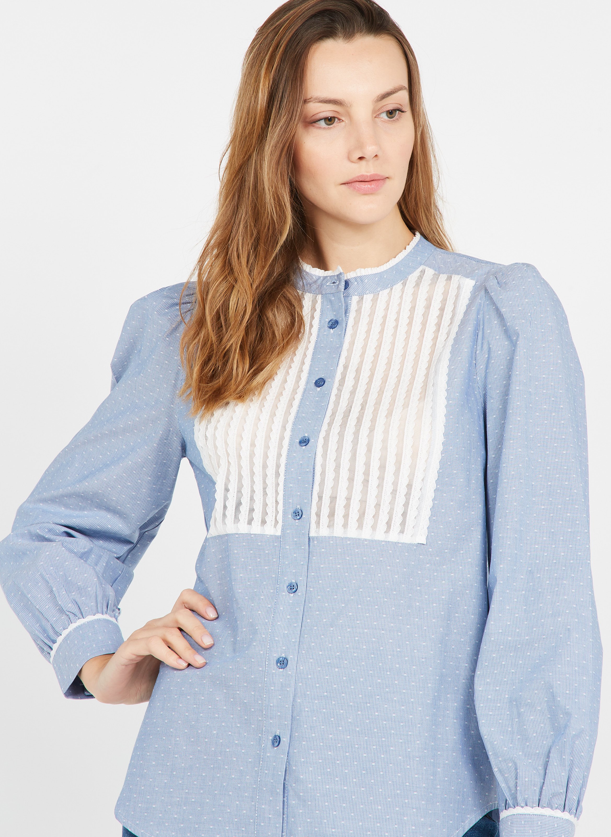 Cotton jacquard shirt with mandarin collar TWINSET Blue
