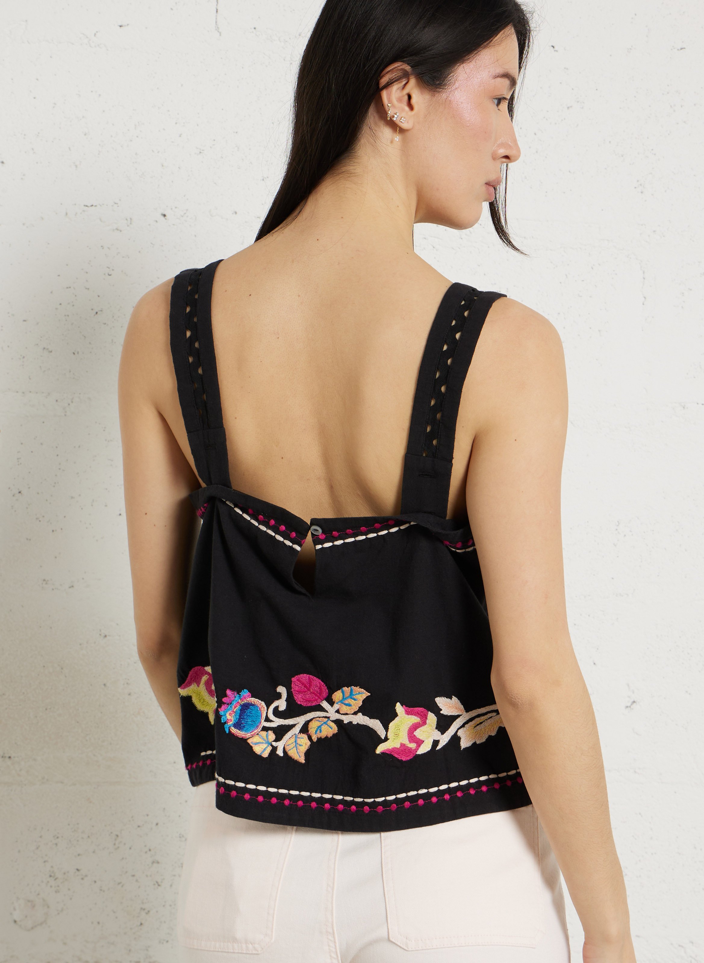 Top droit en coton bio brodé LOUISE MISHA Noir