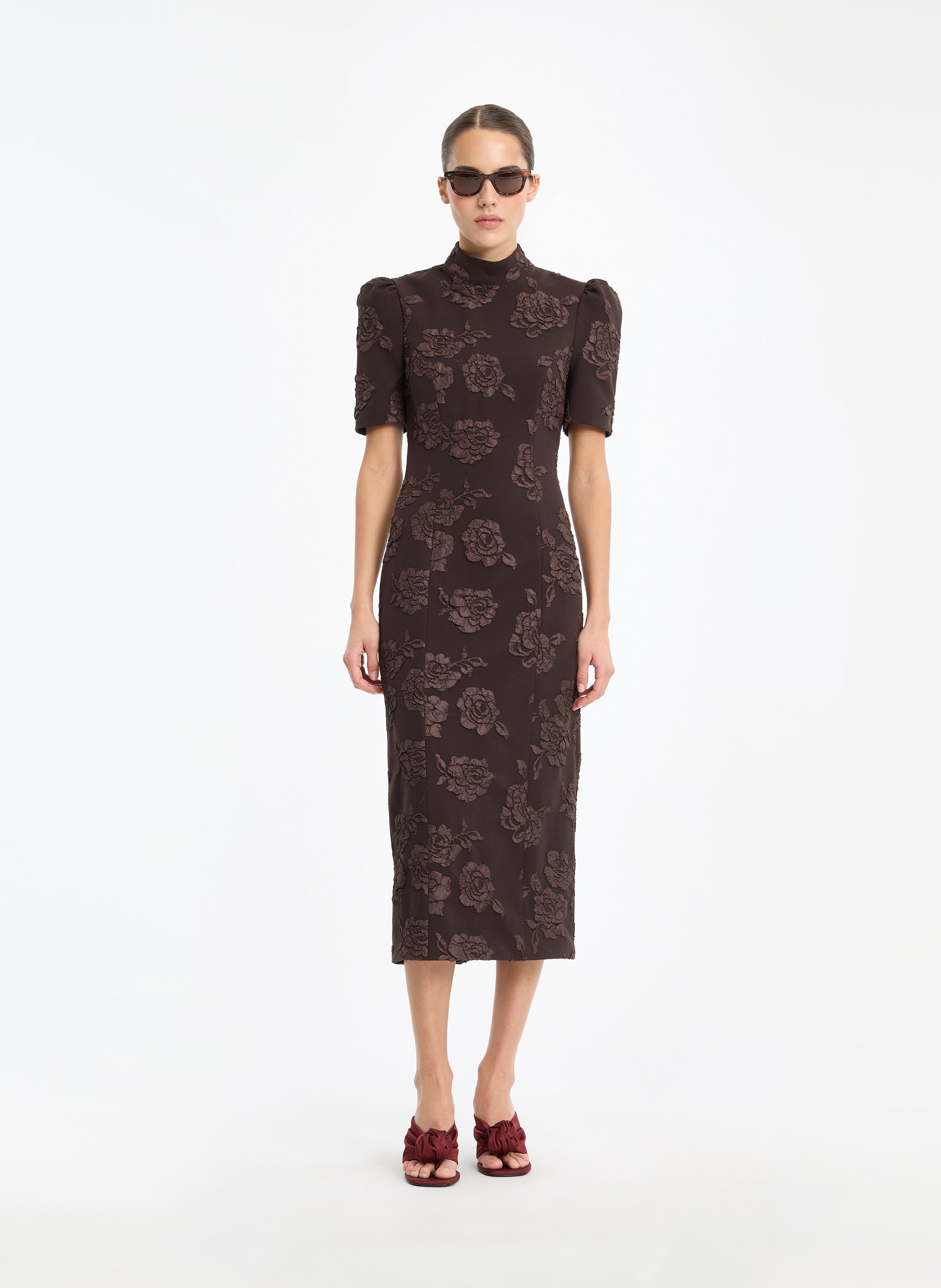 Robe midi à fleurs ton sur ton ROTATE Marron