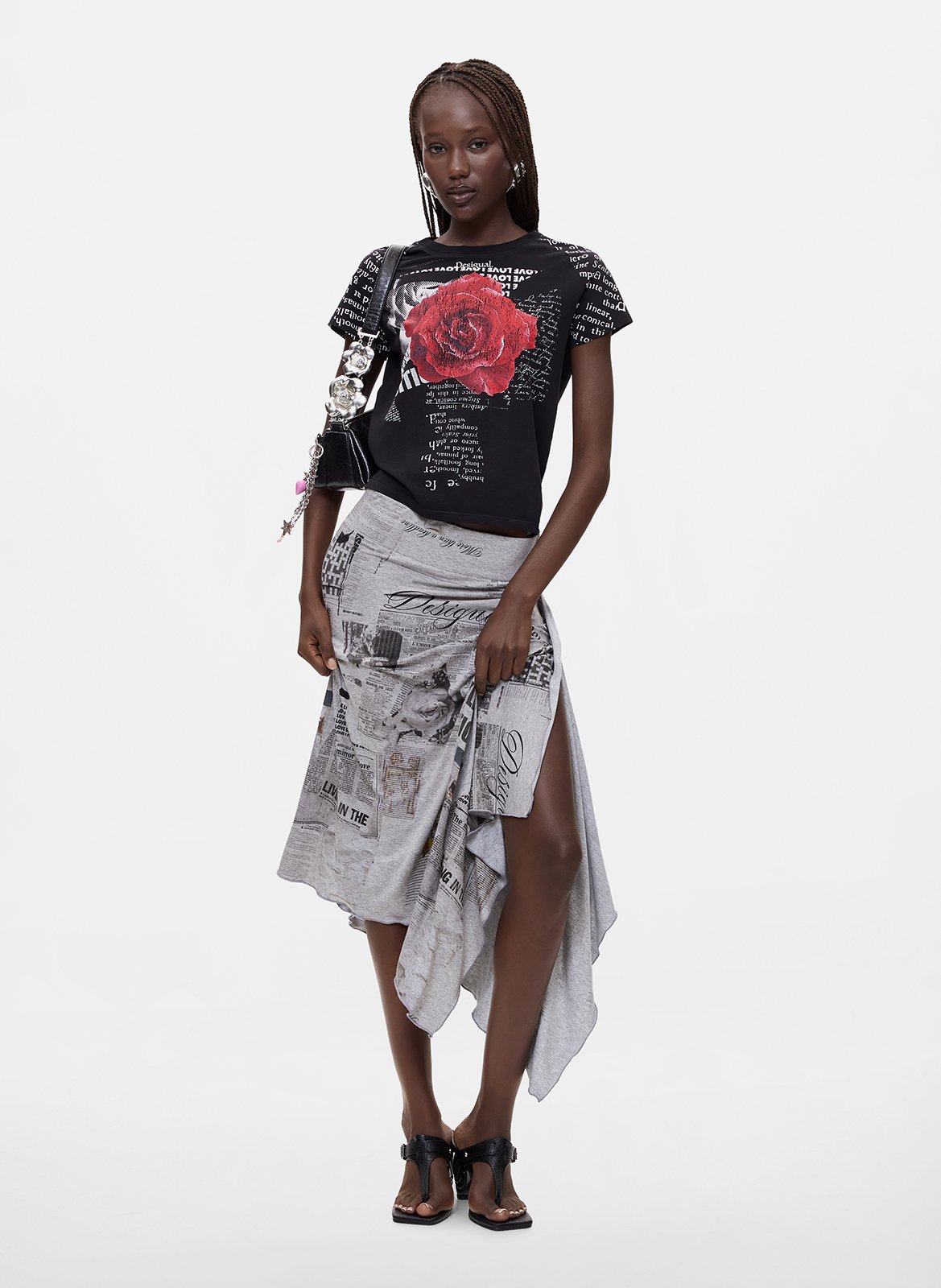 Tee-shirt droit col rond en coton mélangé imprimé DESIGUAL Noir