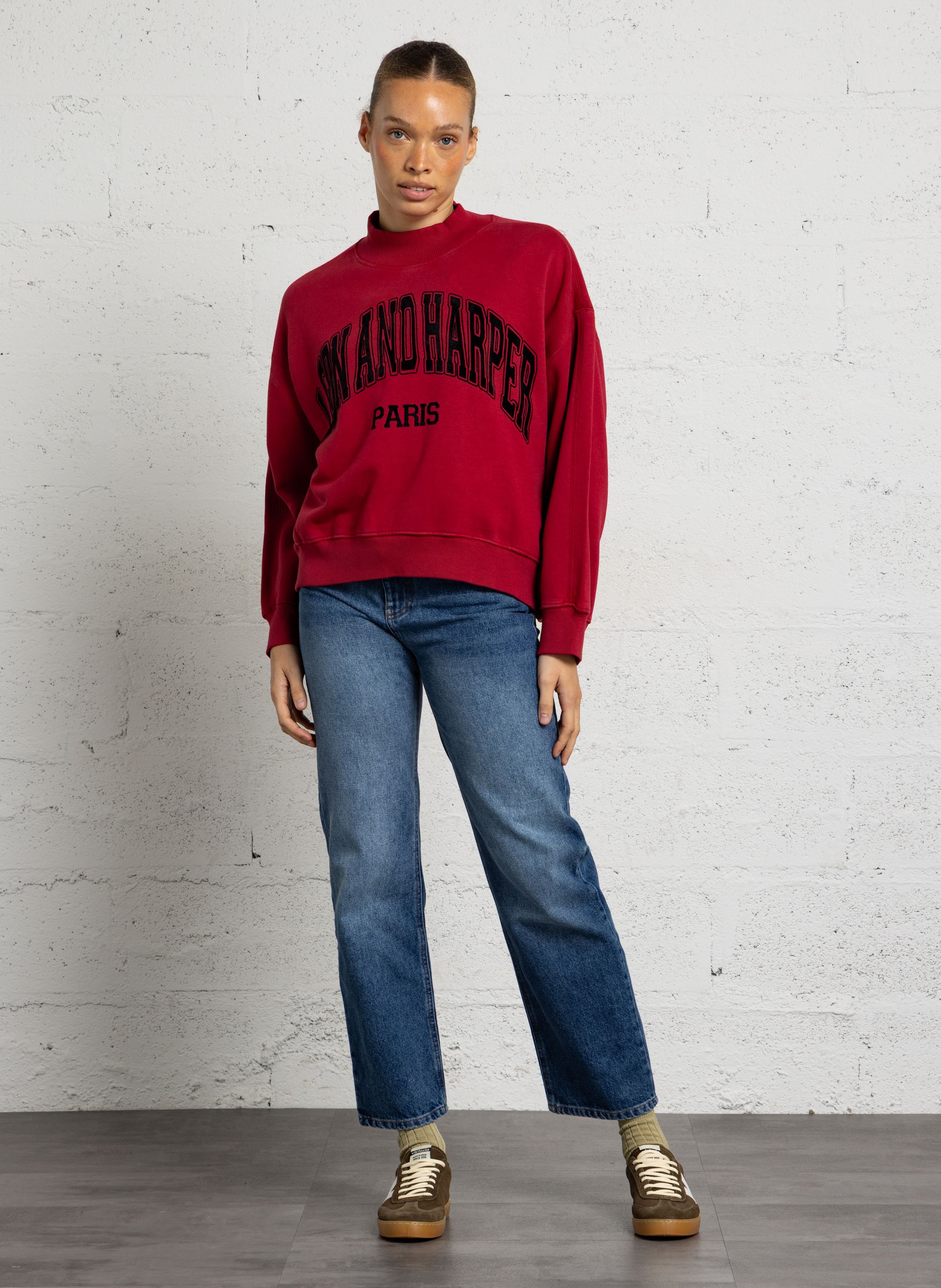 Loose fit high neck printed sweatshirt in blended cotton. LEON & HARPER Red
