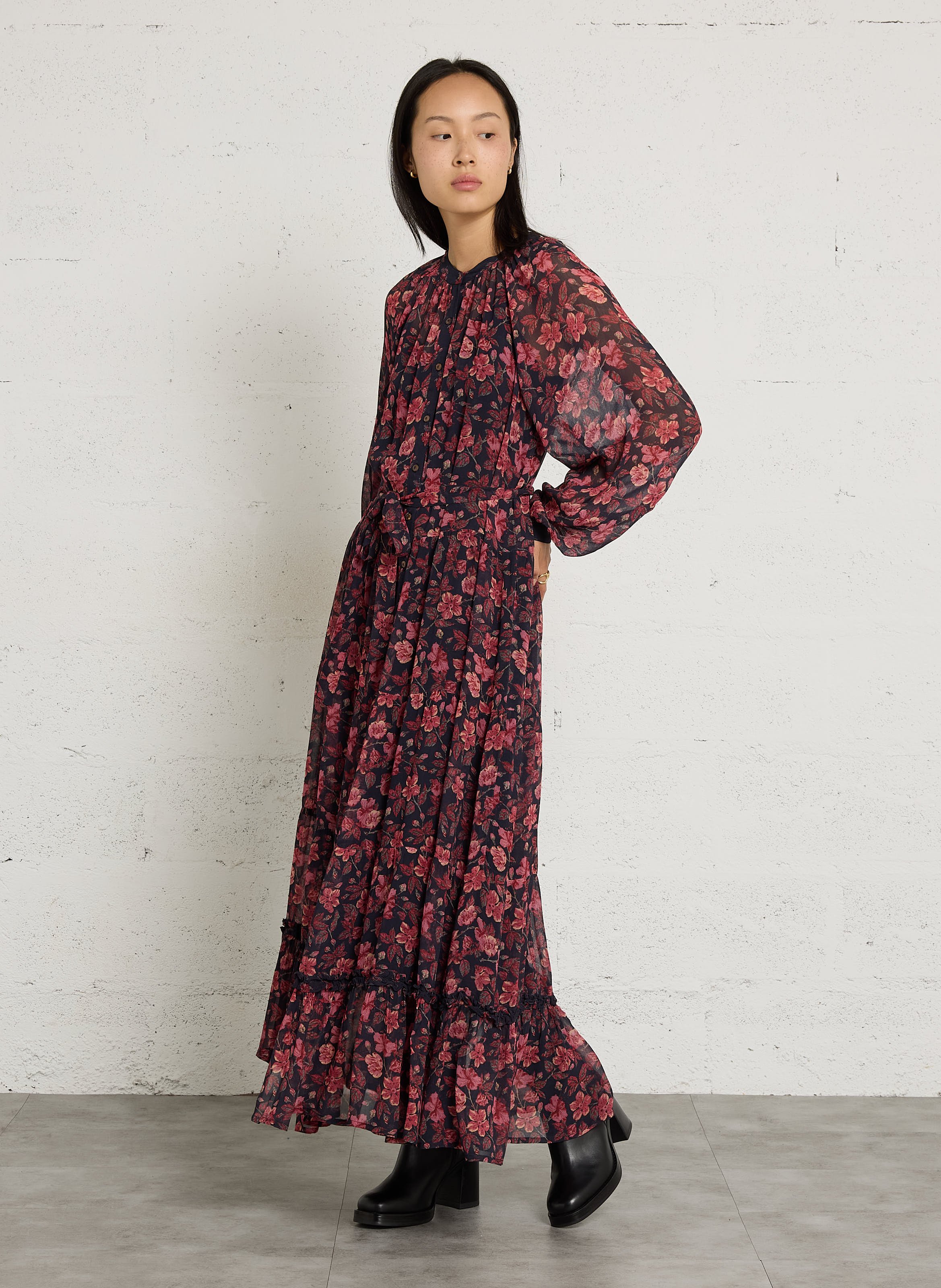Lange jurk met ceintuur en print MAISON HOTEL Roze