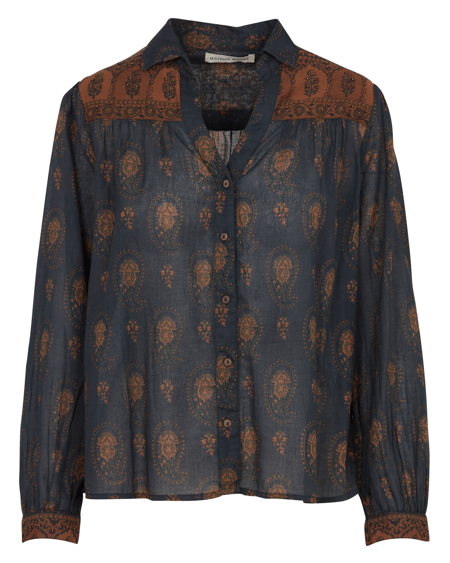 Straight-cut printed V-neck blouse MAISON HOTEL Blue