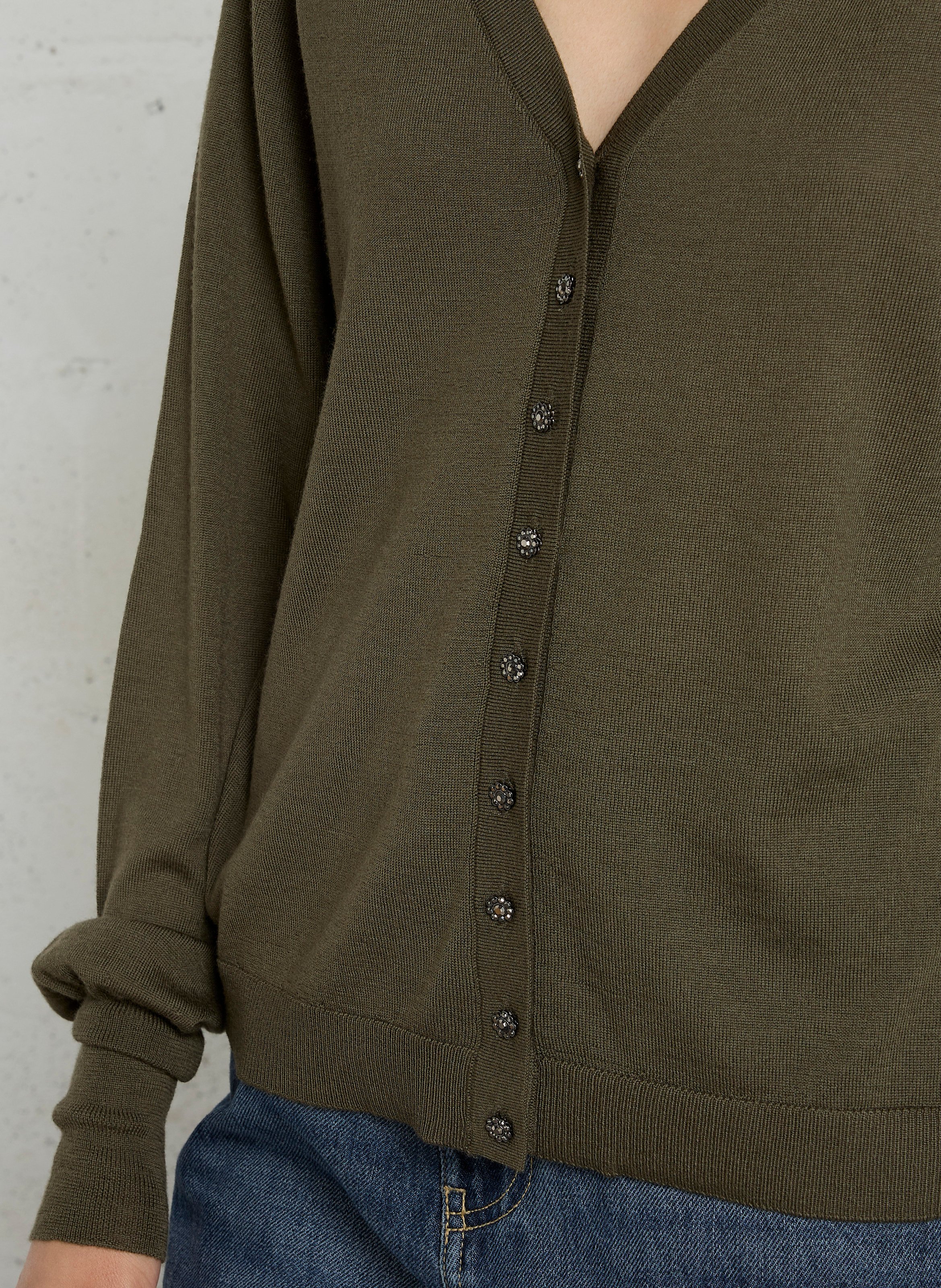 Pull droit col V en laine IKKS Kaki