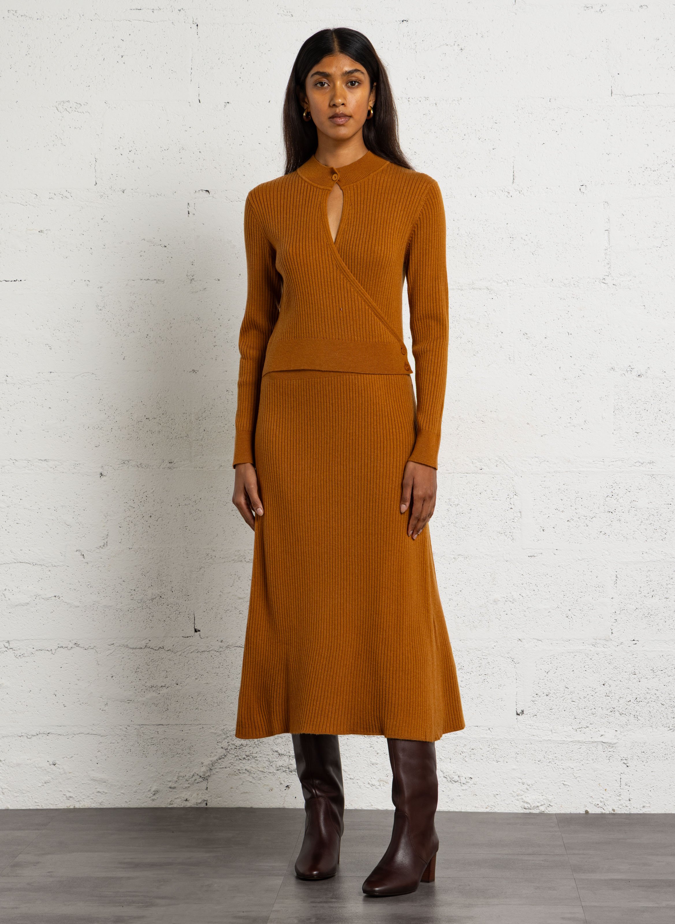 Long flared ribbed knit dress MAISON 123 Golden