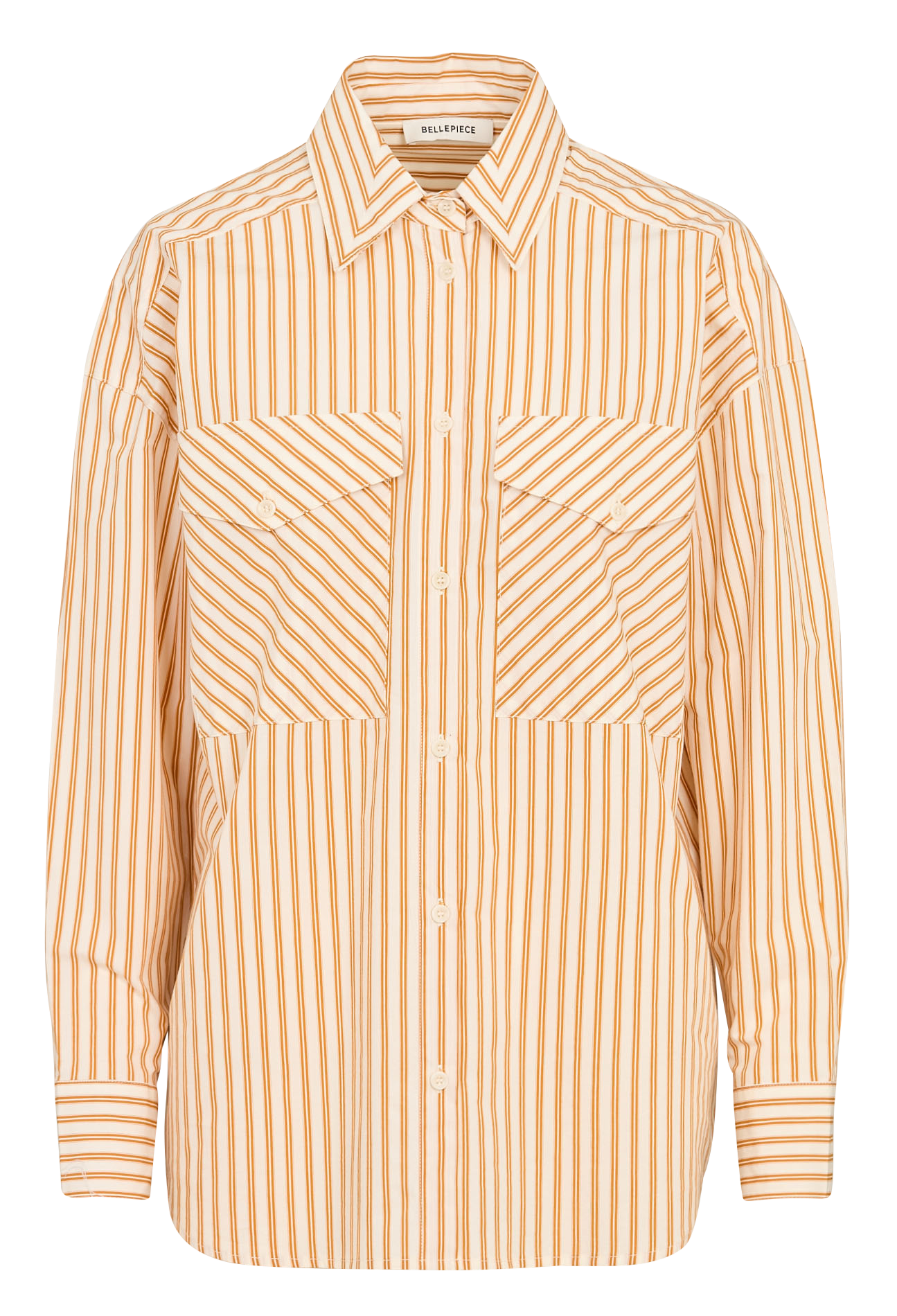 Ruimvallende, gestreepte, katoenen blouse met klassieke kraag BELLEPIECE Bruin