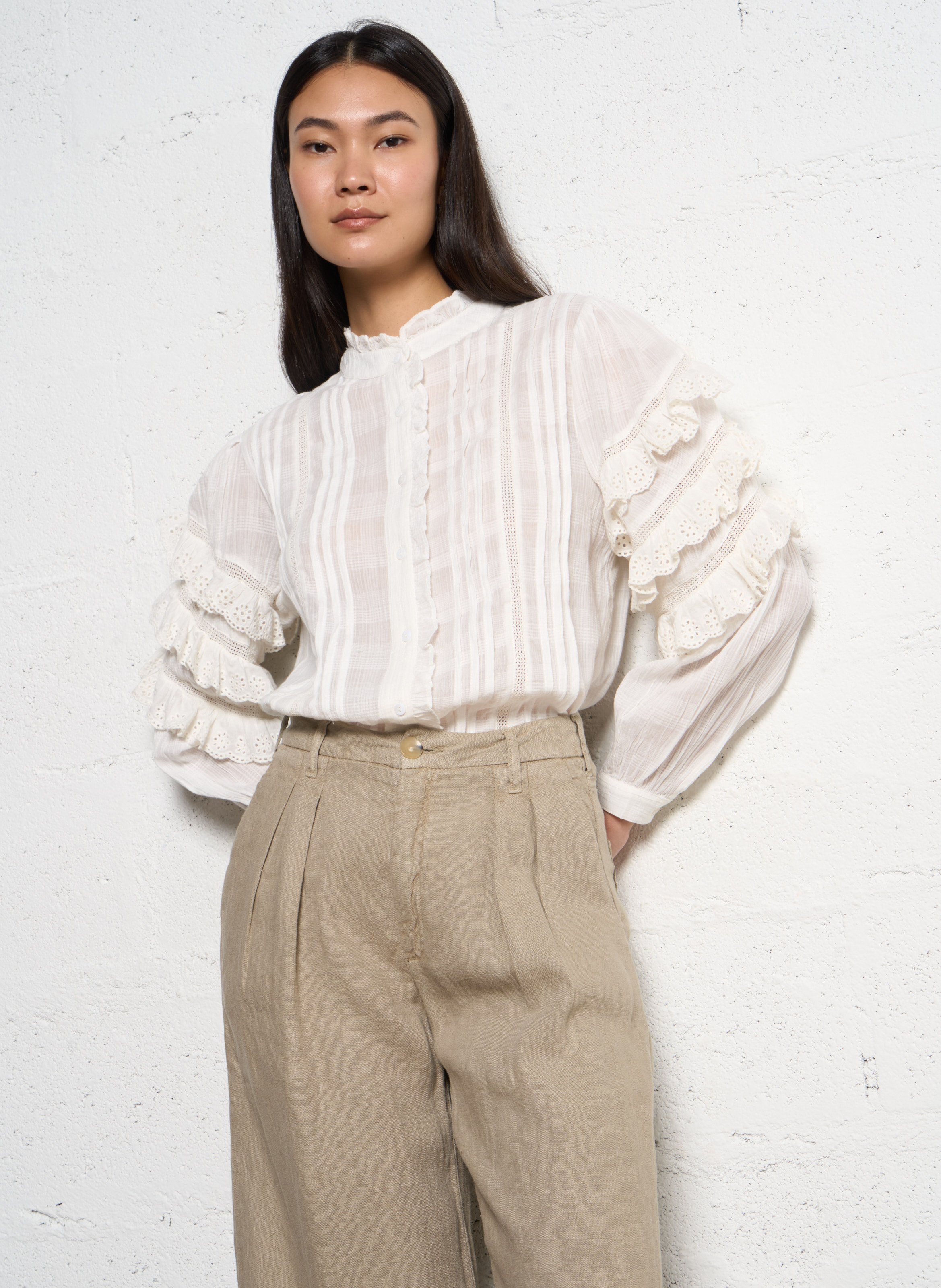 Blouse dentelle à volants  MAISON HOTEL Blanc