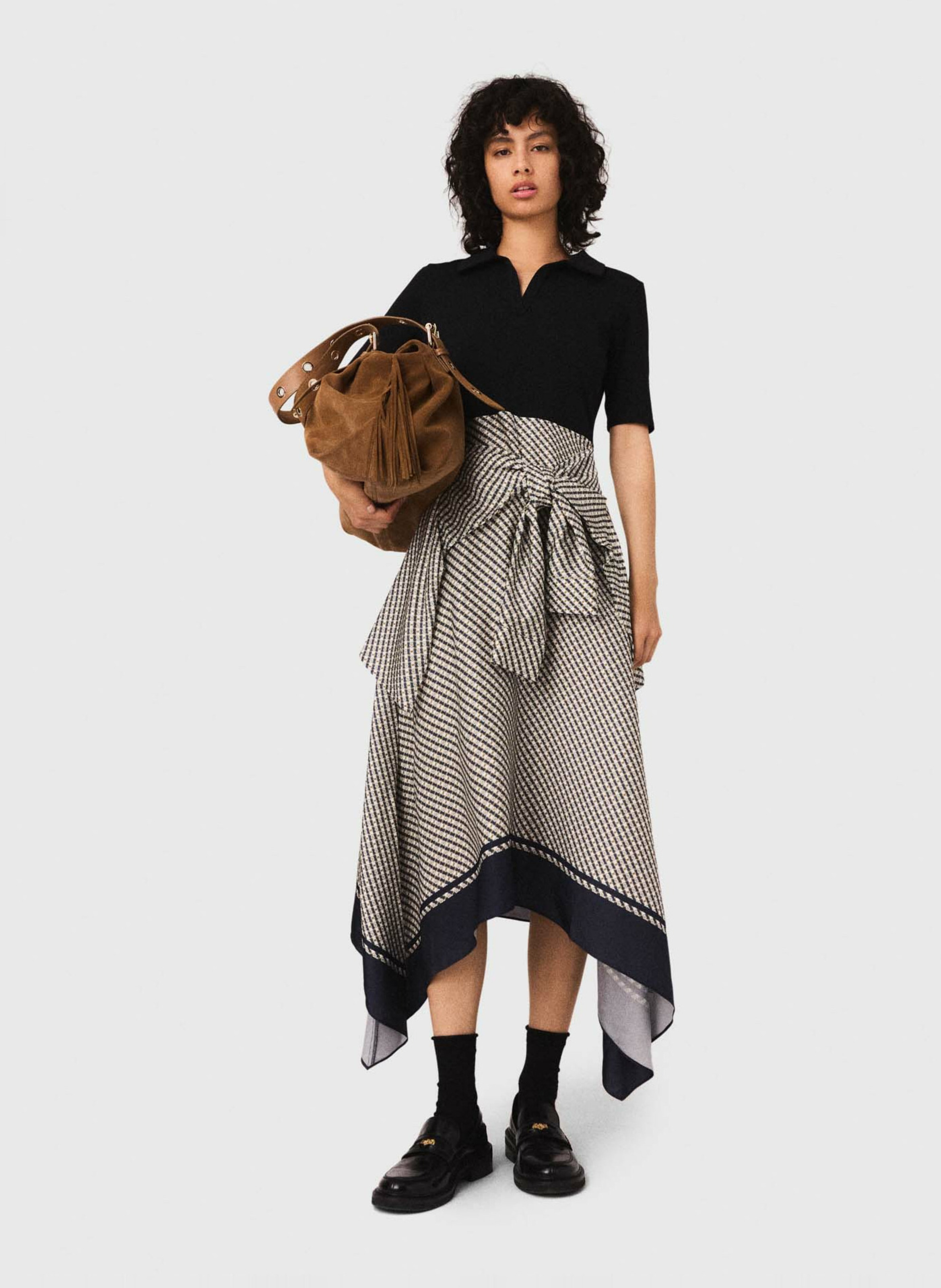 Robe midi bi-matière imprimée MAJE Beige