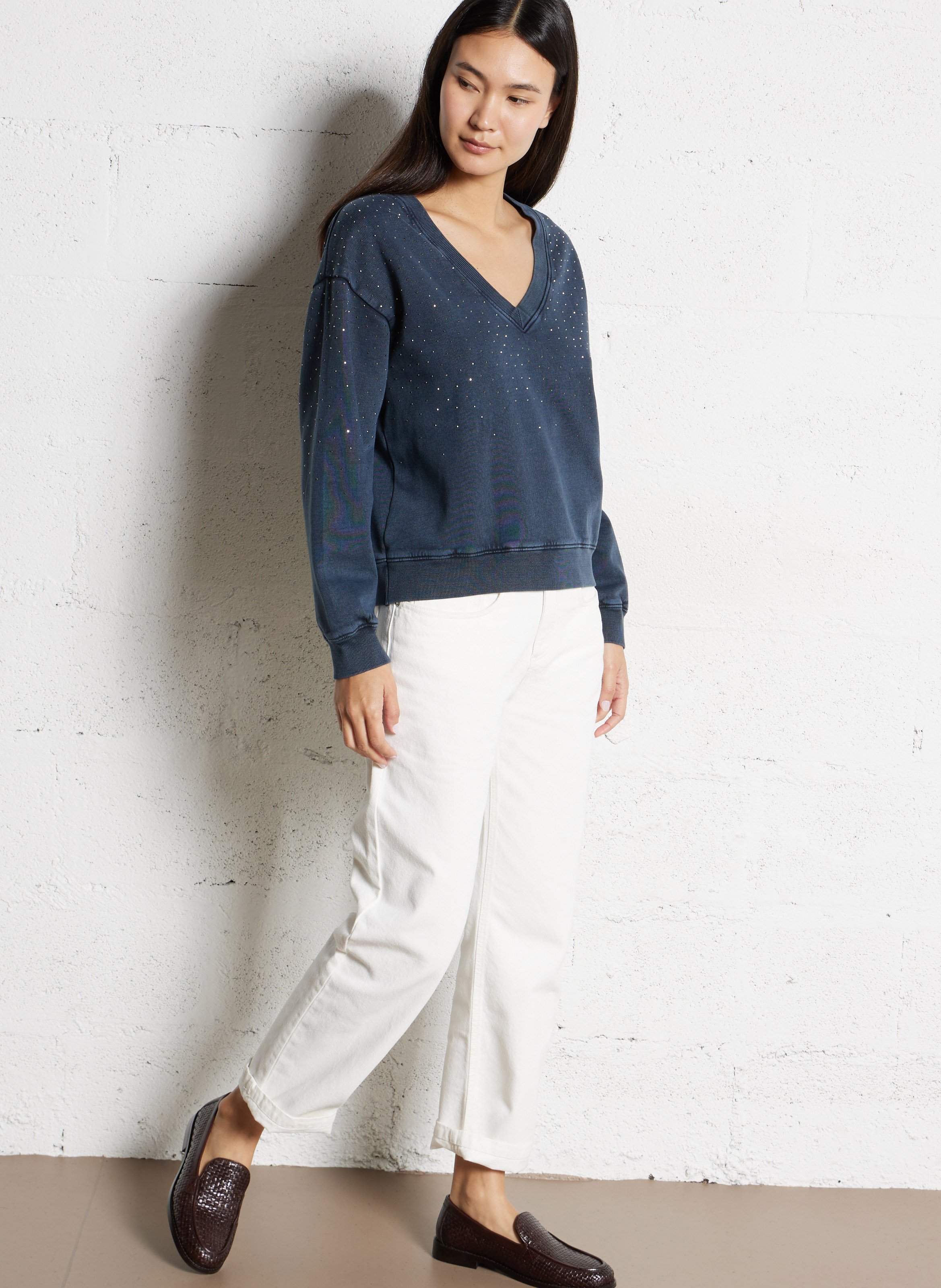 Sweat oversize col V en coton IKKS Bleu