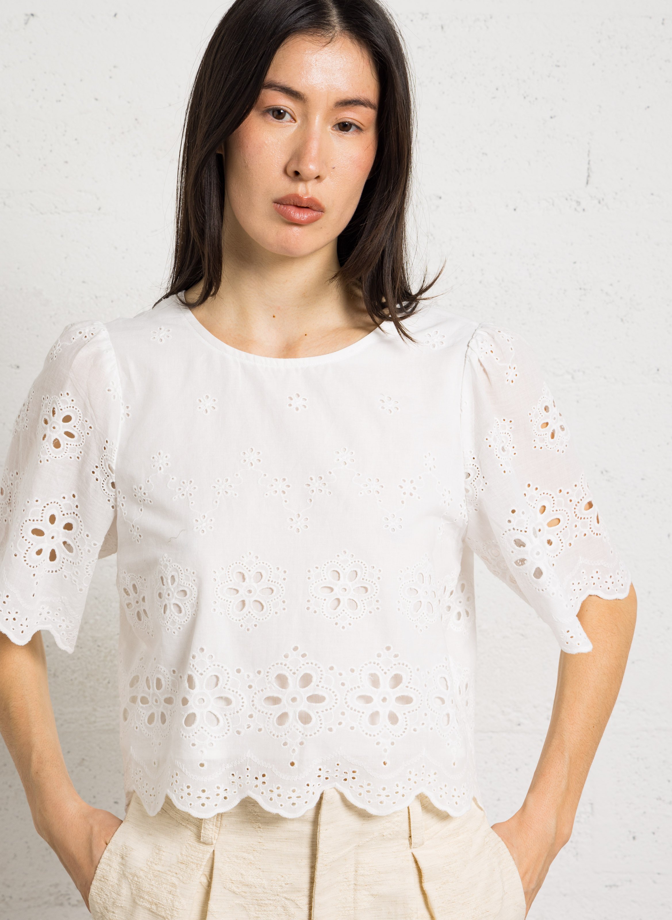 Baumwoll-Top mit V-Ausschnitt SEE U SOON Weiss