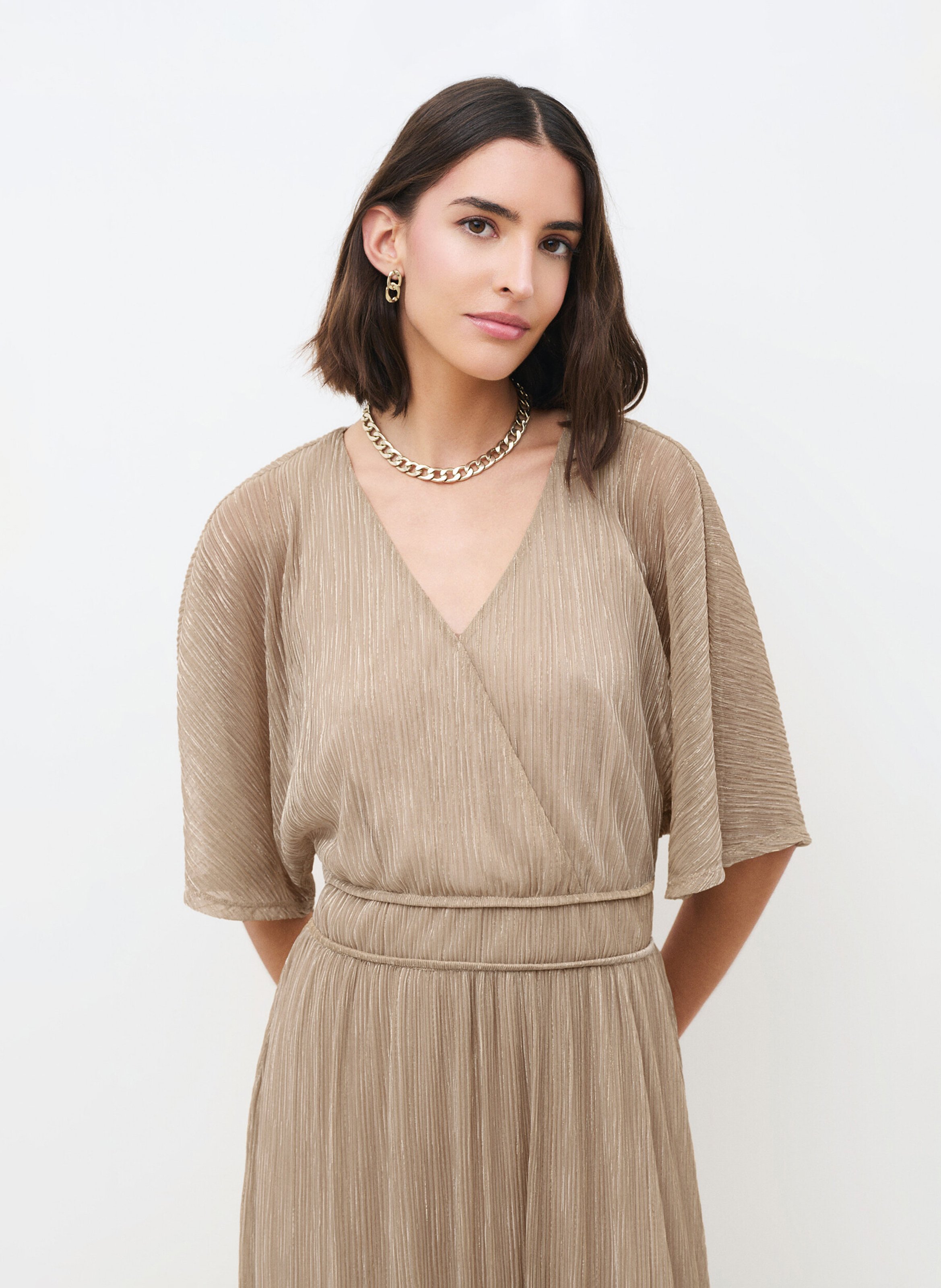 Robe midi col V  CAROLL Doré