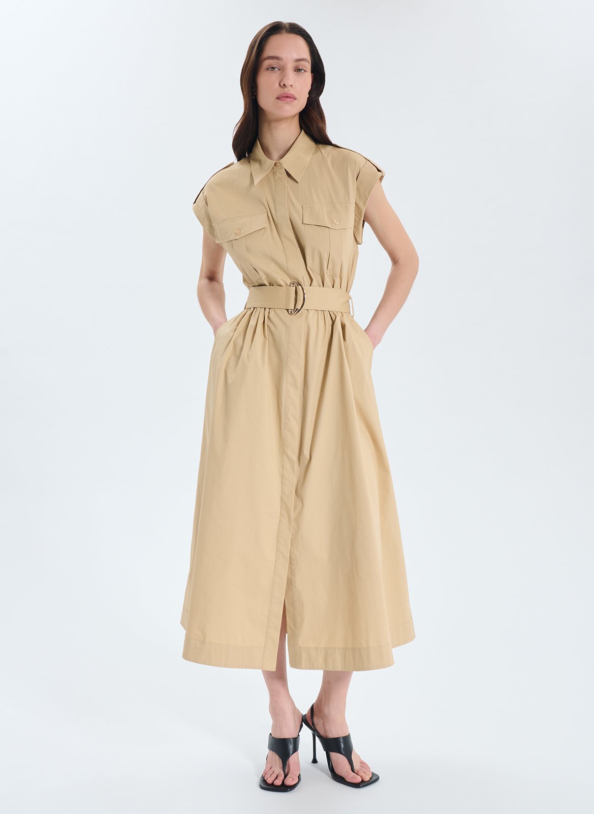 Long dress with classic collar in blended cotton ZAPA Beige