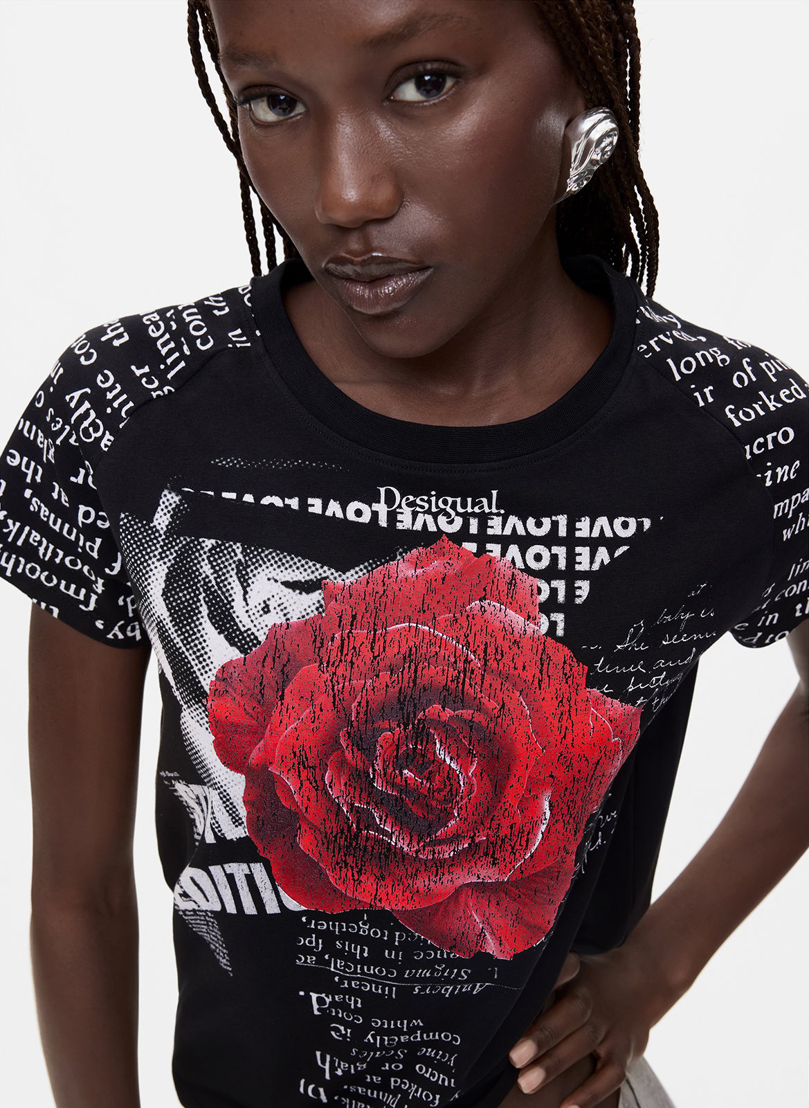 Tee-shirt droit col rond en coton mélangé imprimé DESIGUAL Noir