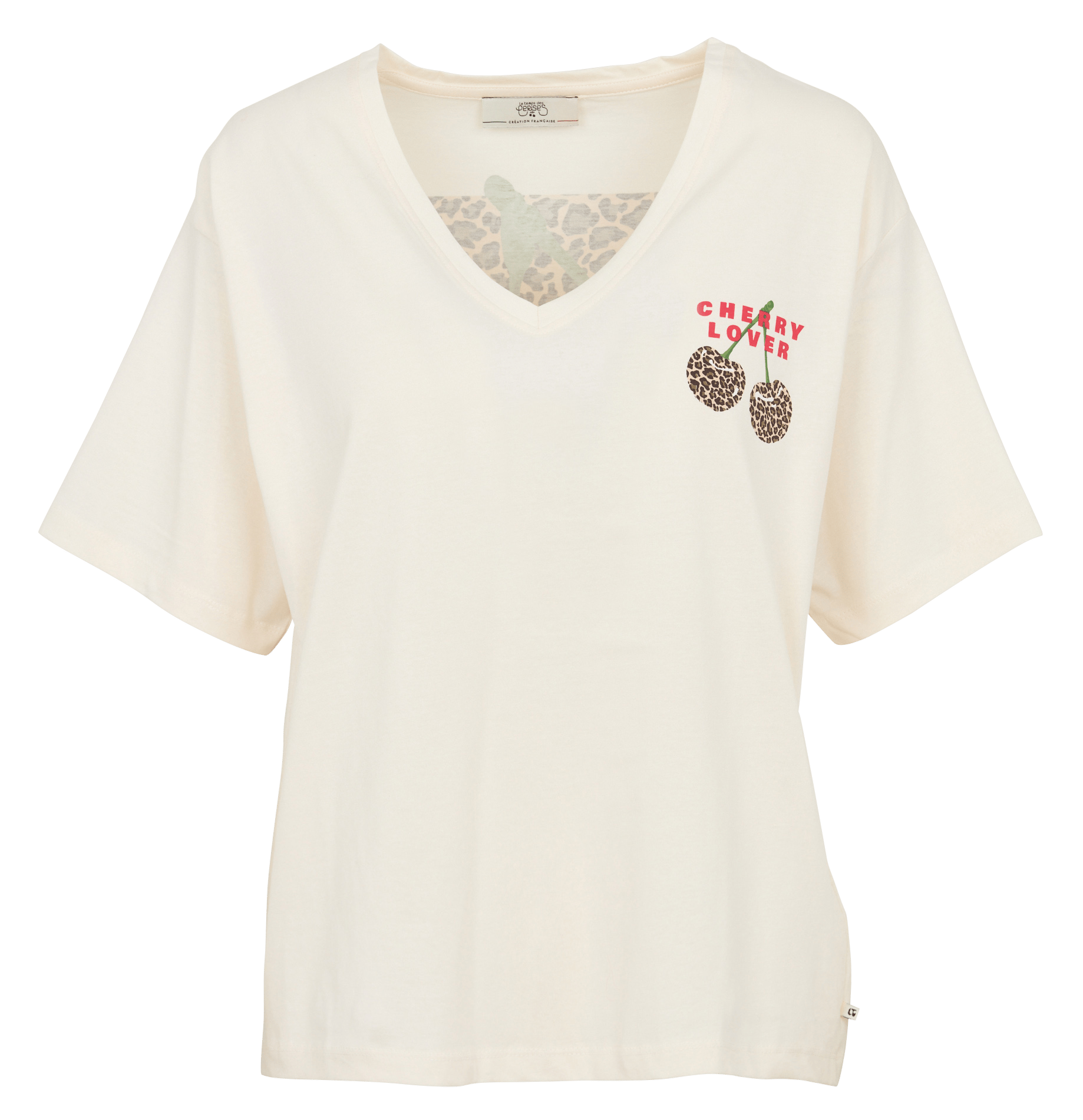 Ruimvallend, katoenen T-shirt met V-hals en zeefdruk LE TEMPS DES CERISES Wit
