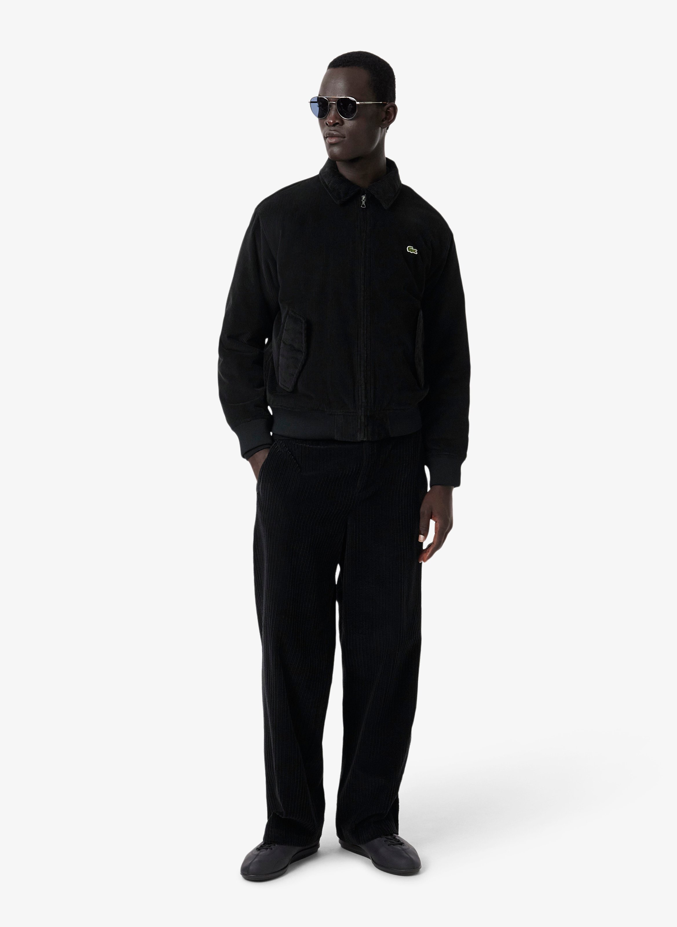 Straight bomber jacket with classic collar in ribbed velvet cotton. LACOSTE Black