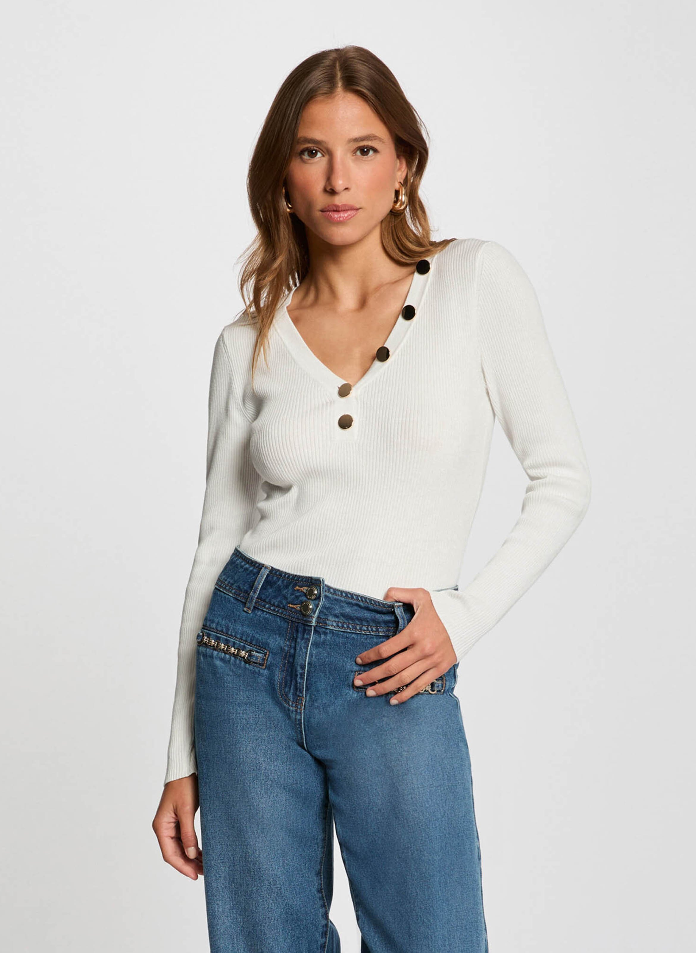 Pull col V boutonné en maille côtelée MORGAN
