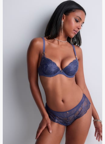 Ensemble Sous-vêtements Femme Soutien-gorge Dentelle Rembourré Push-up - Culotte Coordonnée - Bleu - Taille 90C