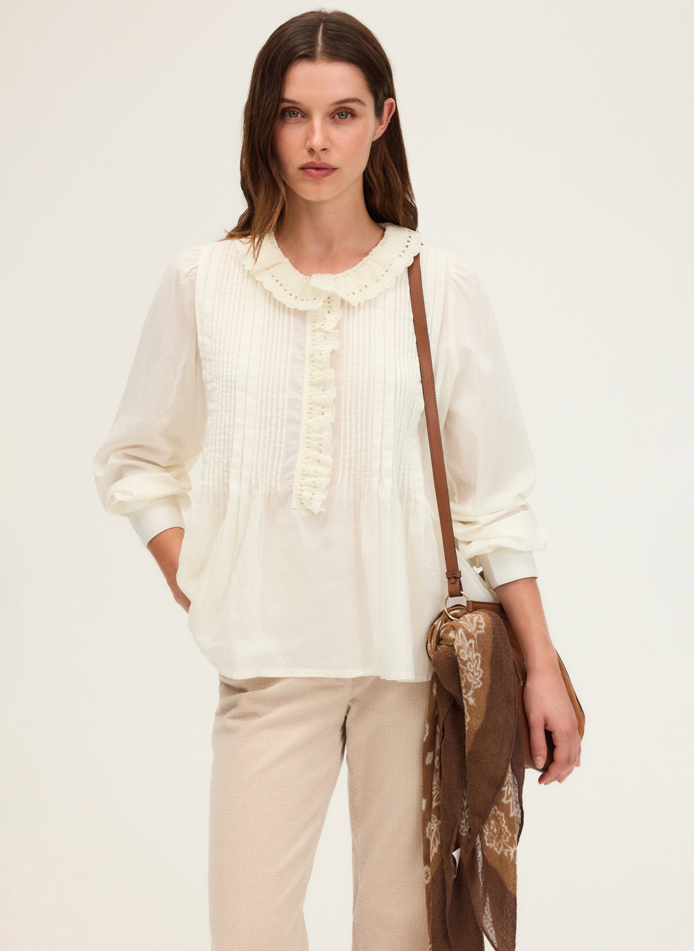 Blouse with plain lace ruffles PABLO Beige