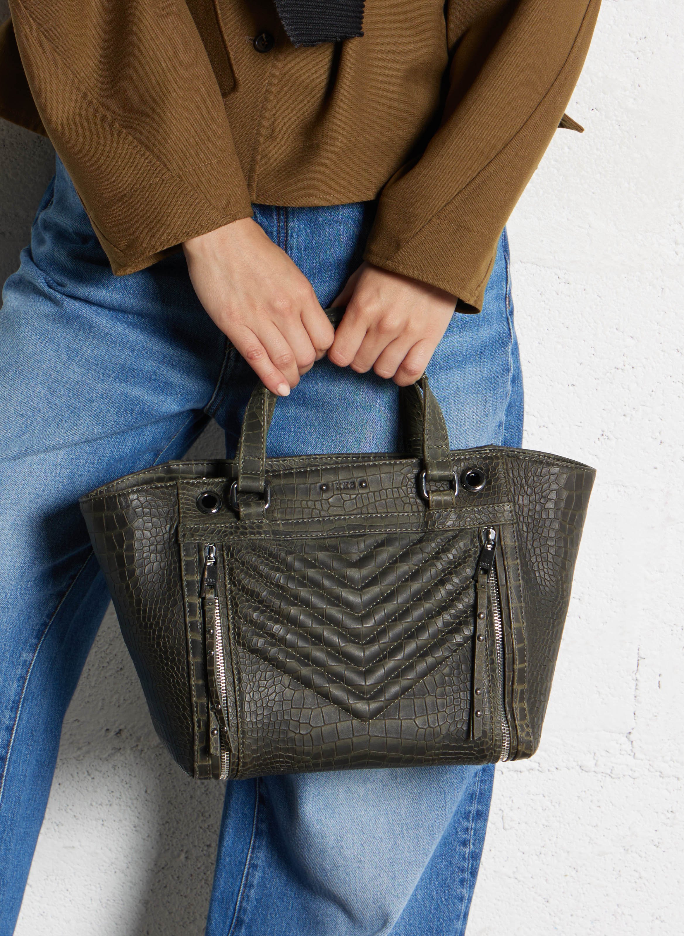 Embossed crocodile effect leather tote bag IKKS Khaki