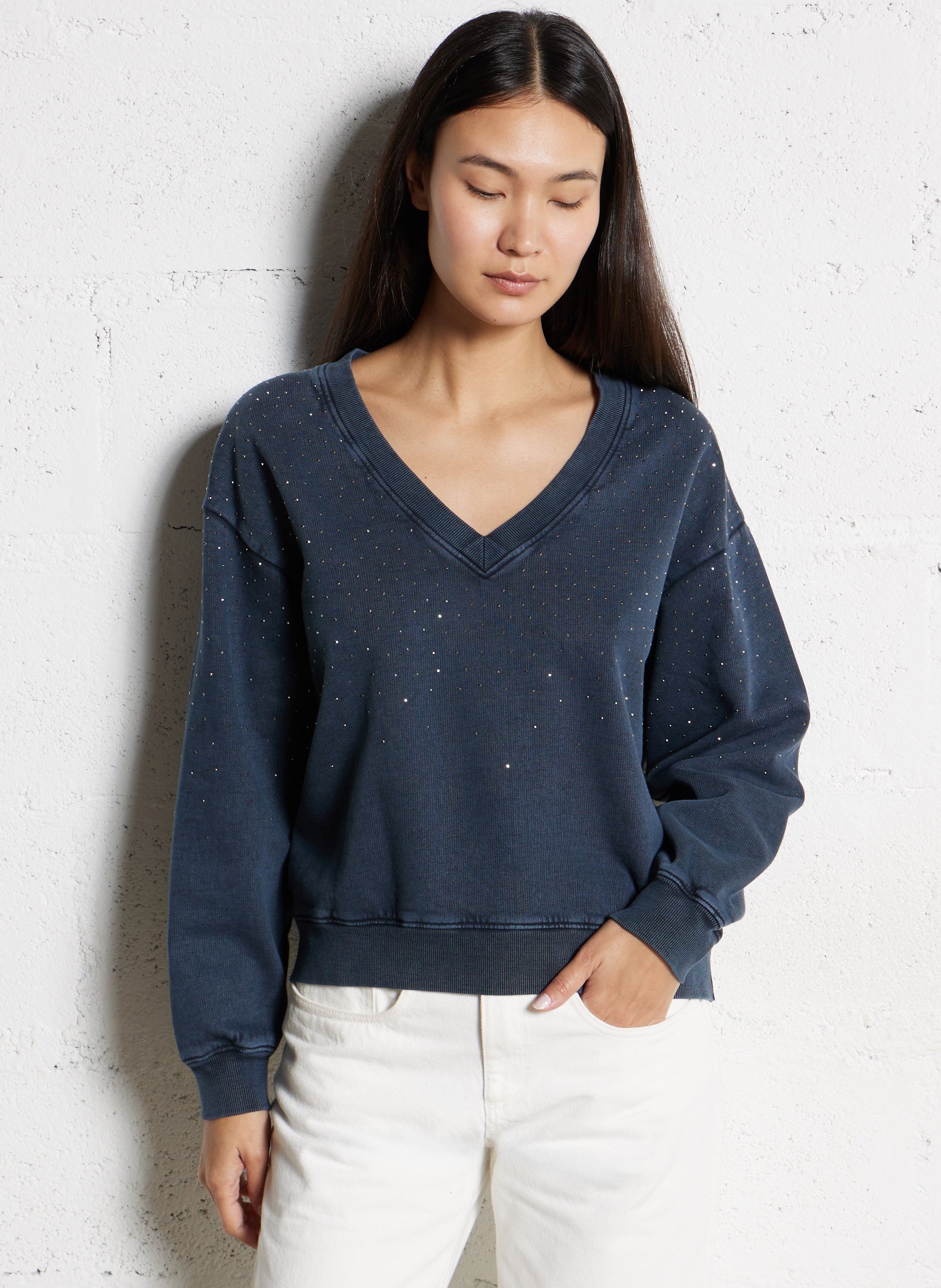 Sweat oversize col V en coton IKKS Bleu