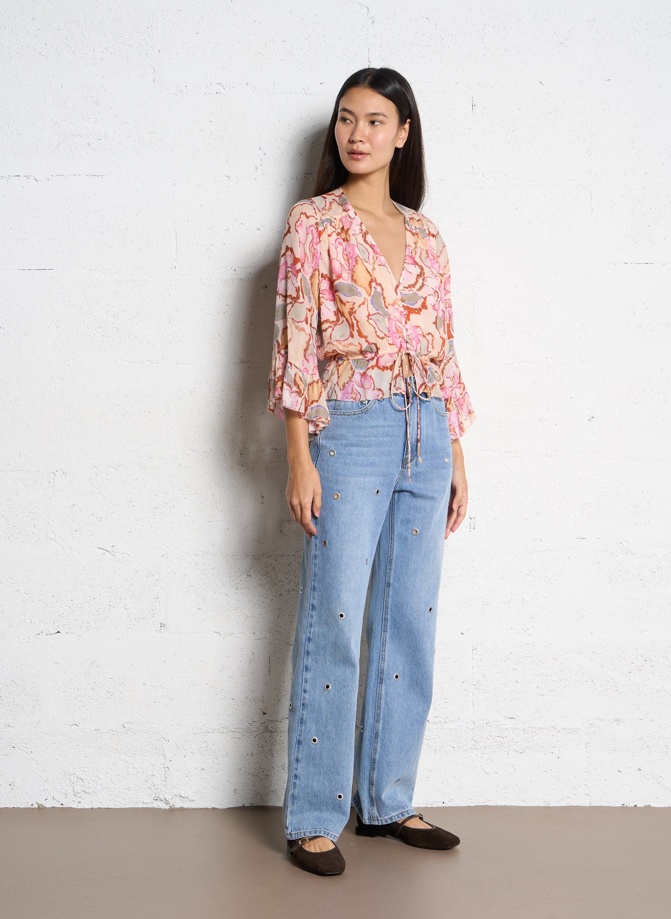 Blouse fluide imprimée à volants SUNCOO Rose