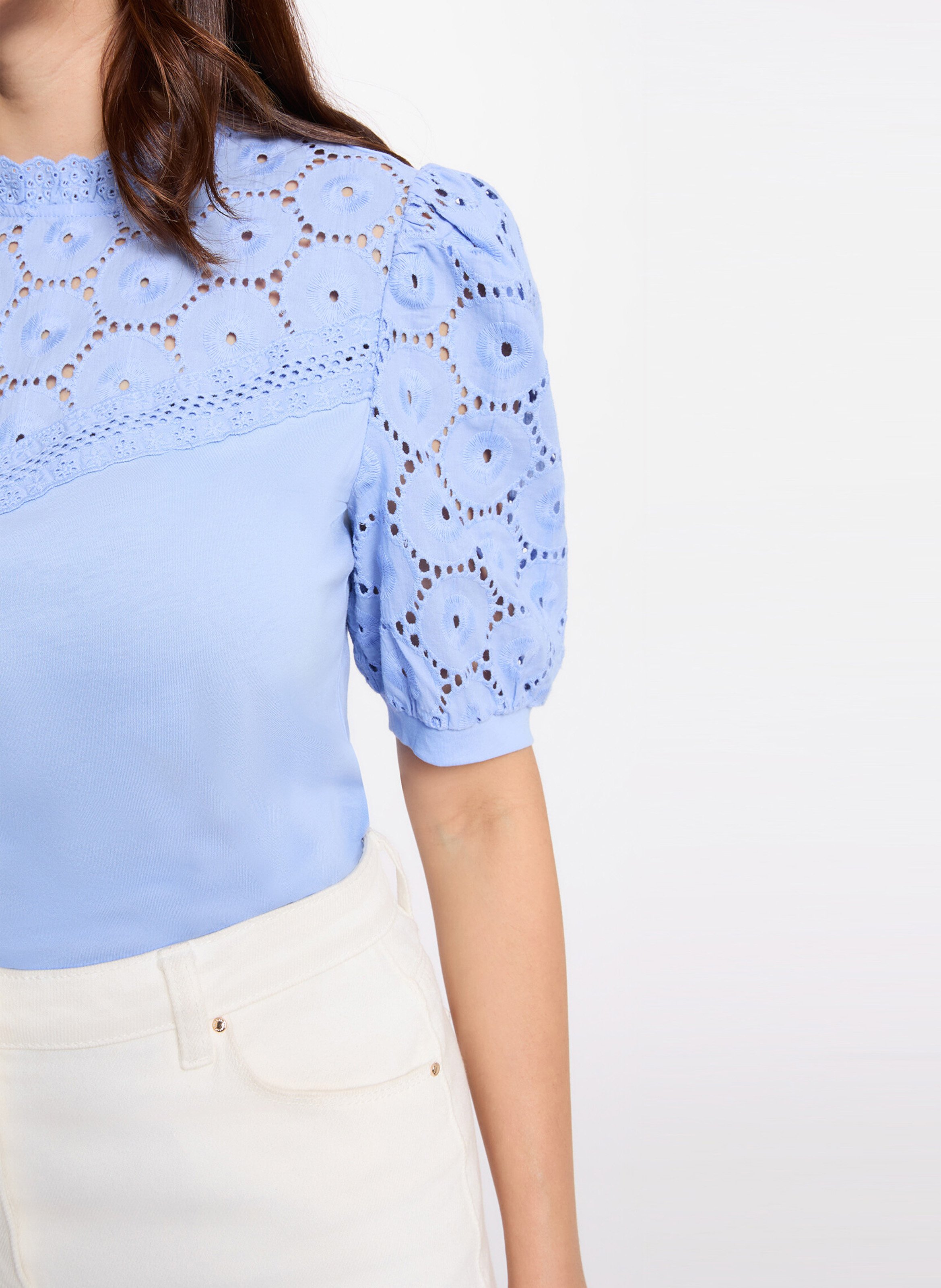 Baumwolltop mit Stehkragen - bestickt Blau