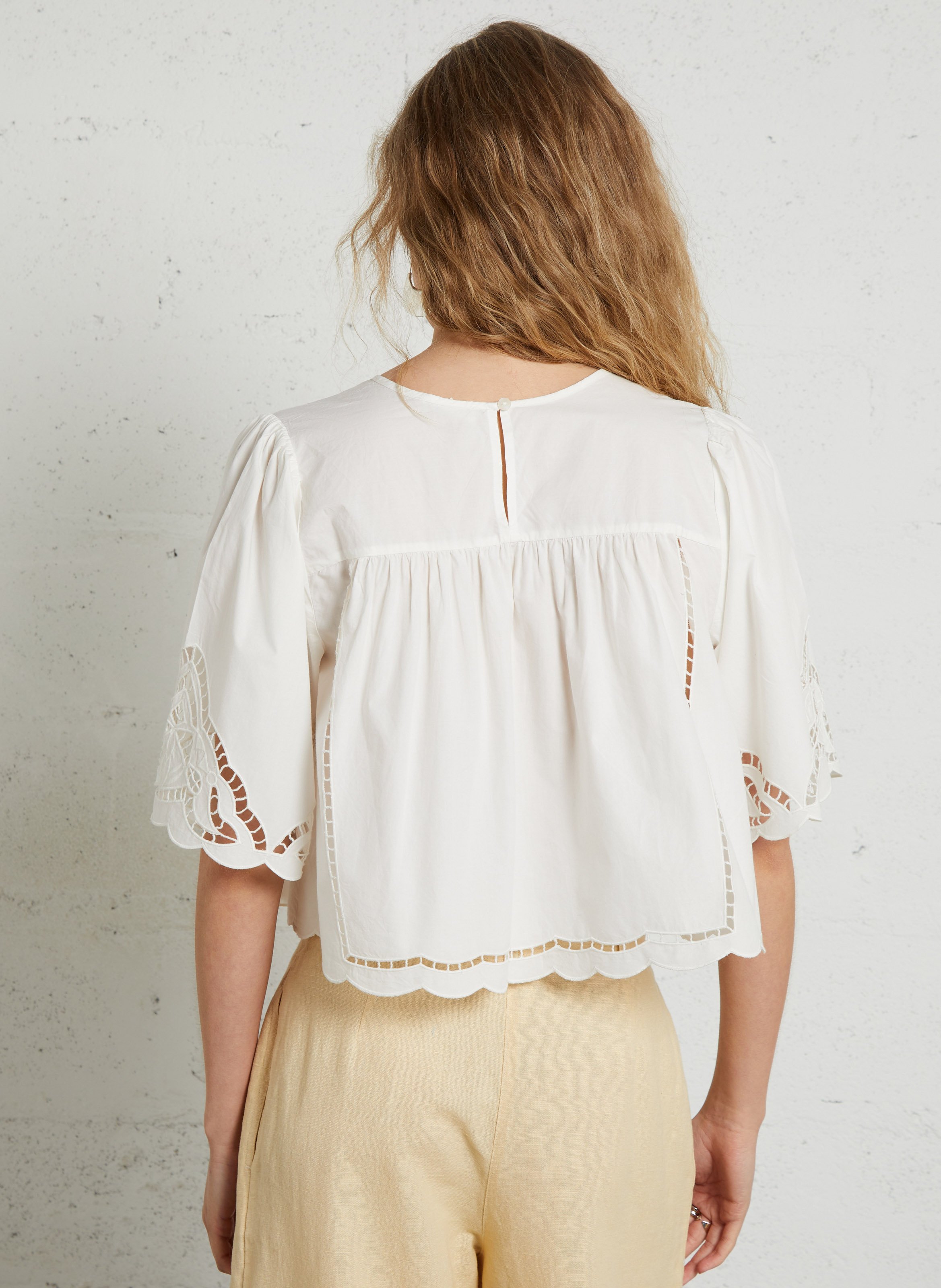 Loose-fitting round neck top with openwork embroidery in organic cotton LOUISE MISHA White