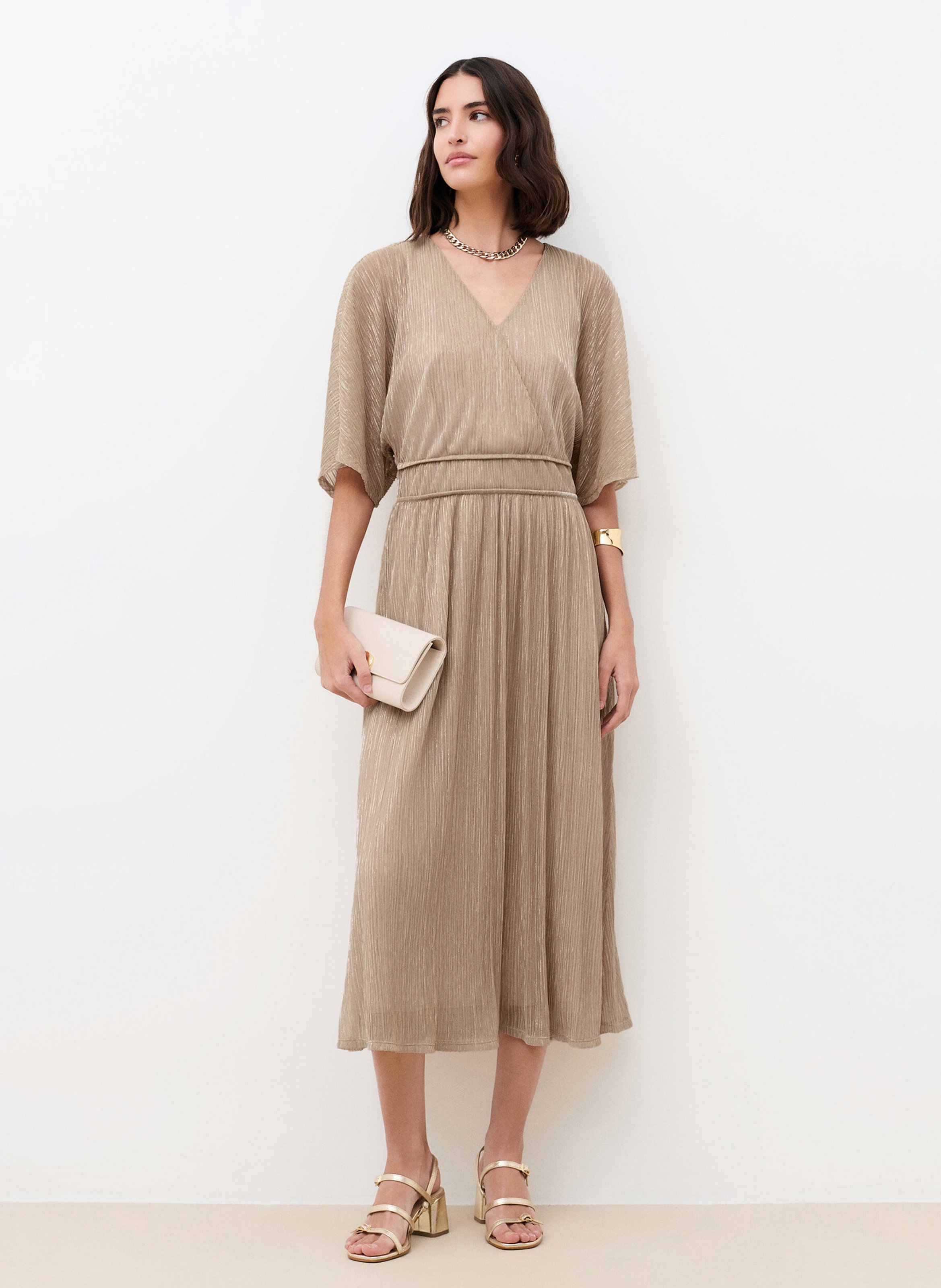 Robe midi col V  CAROLL Doré