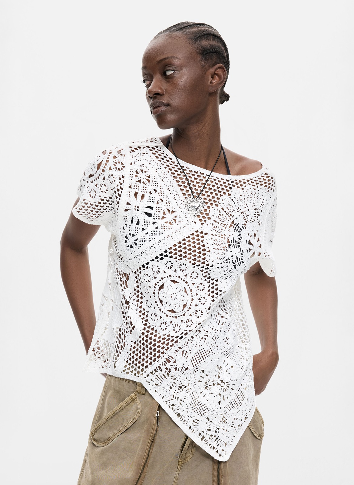 Short-sleeved lace knit top DESIGUAL White